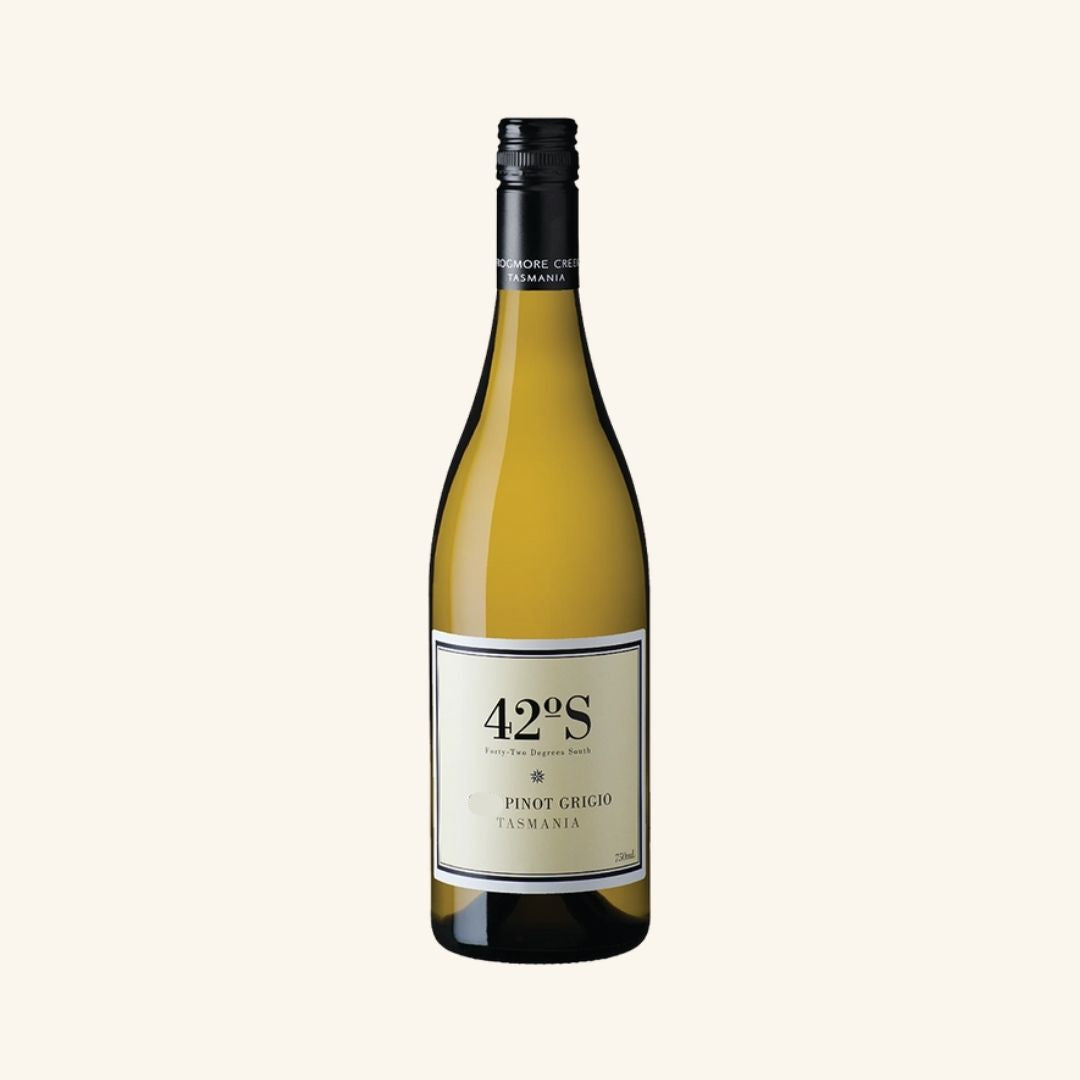 Wine bottle labeled '42 Degrees pinot grigio Tasmania' on a white background
