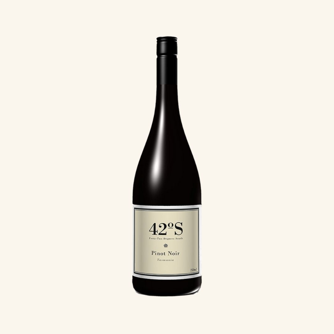 Wine bottle labeled '42 degrees south pinot noir' on a white background