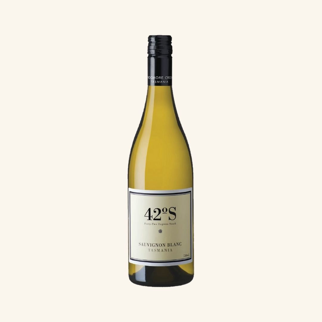 Bottle of wine labeled 42oS Sauvignon Blanc Tasmania on a white background