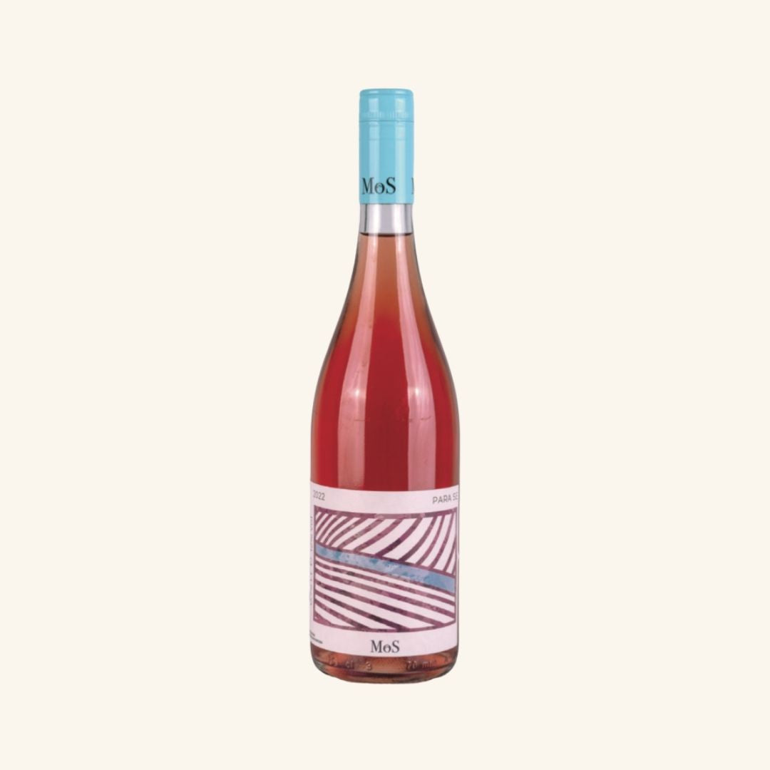 Wine bottle with a blue top, colourful red and blue striped label on a white background