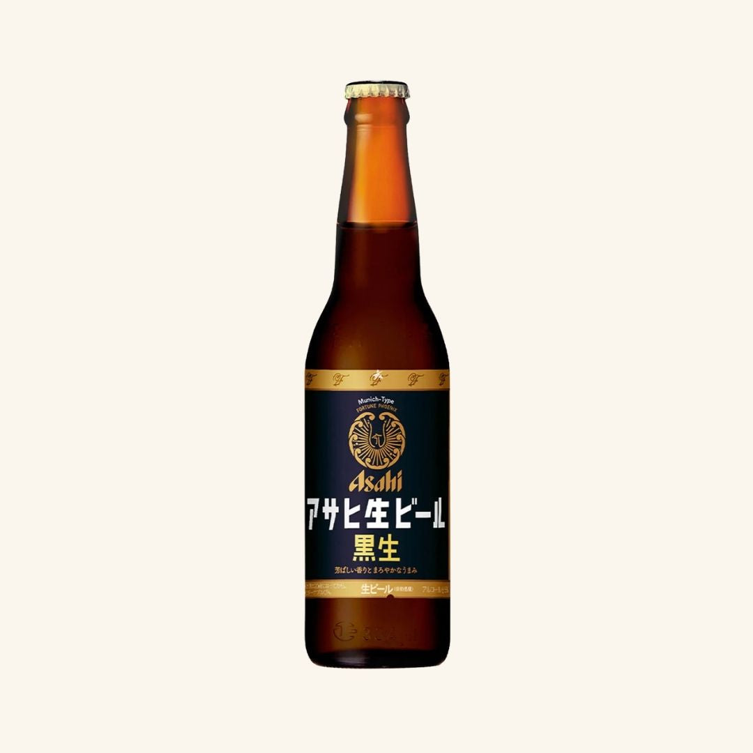Asahi black beer bottle on a white background