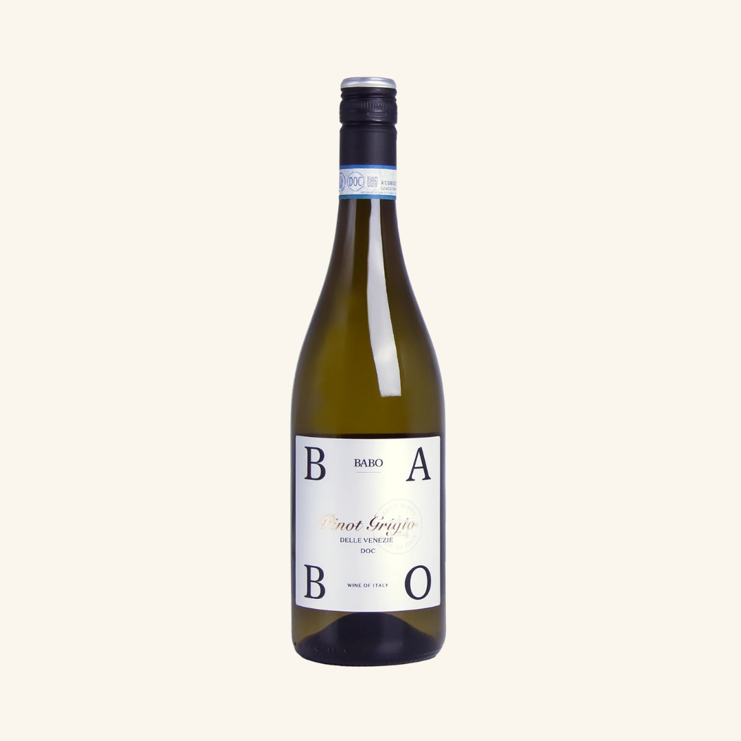 A bottle of Babo Pinot Grigio white wine with a label that includes the brand name and 'Pinot Grigio' varietal.