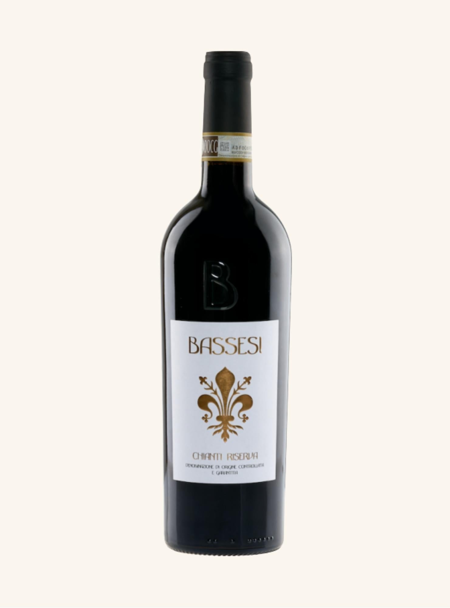 Bottle of Bassesi red chianti riserva wine on a white background