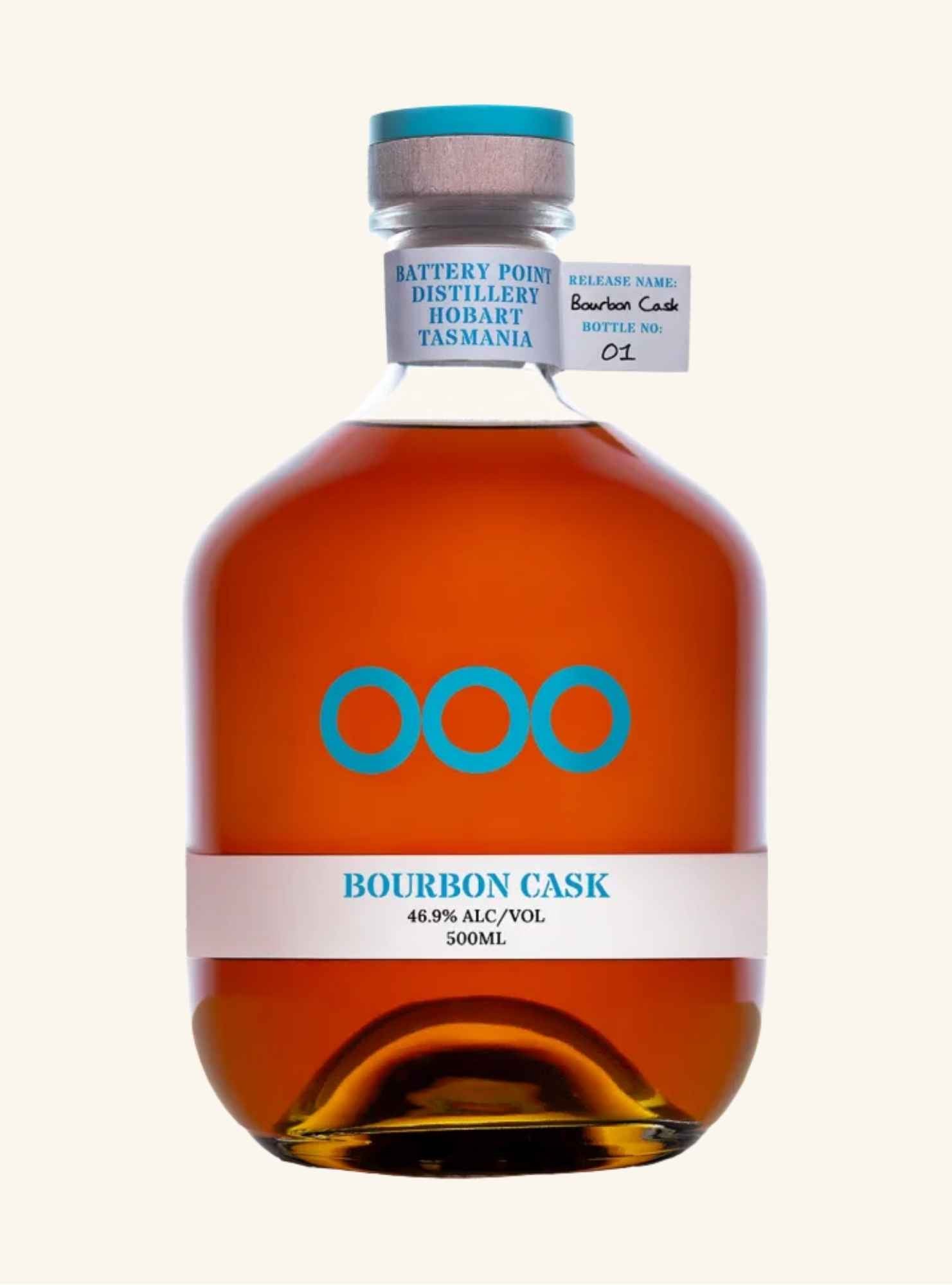 Bottle of battery point distillery Bourbon Cask on a white background