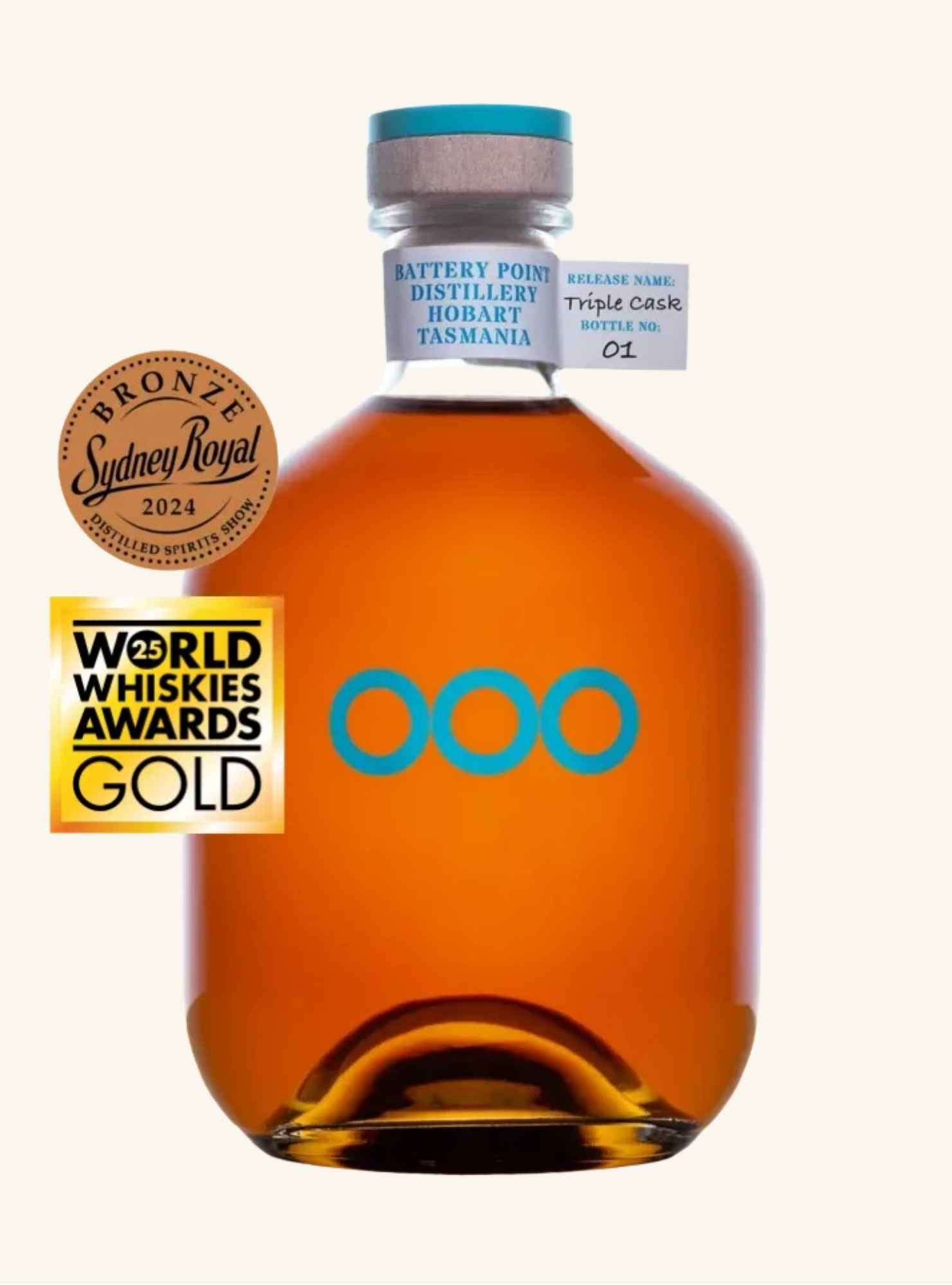 Bottle of Battery point distillery triple cask whisky with awards on a white background