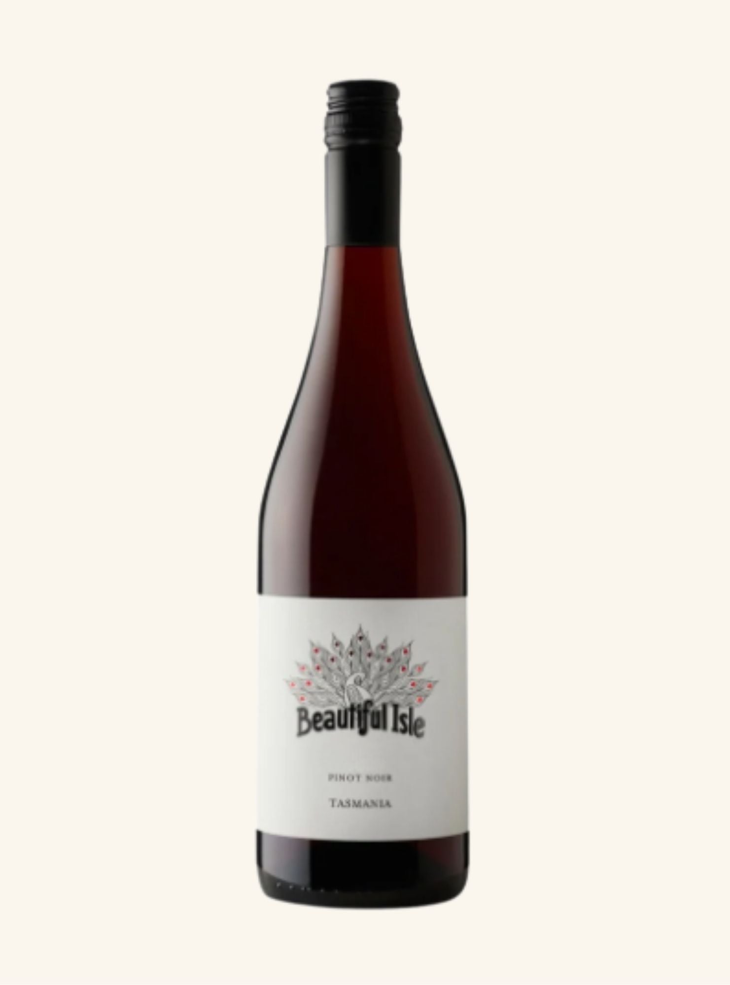 A dark coloured wine bottle with a white label and black writing set on an off white background. 