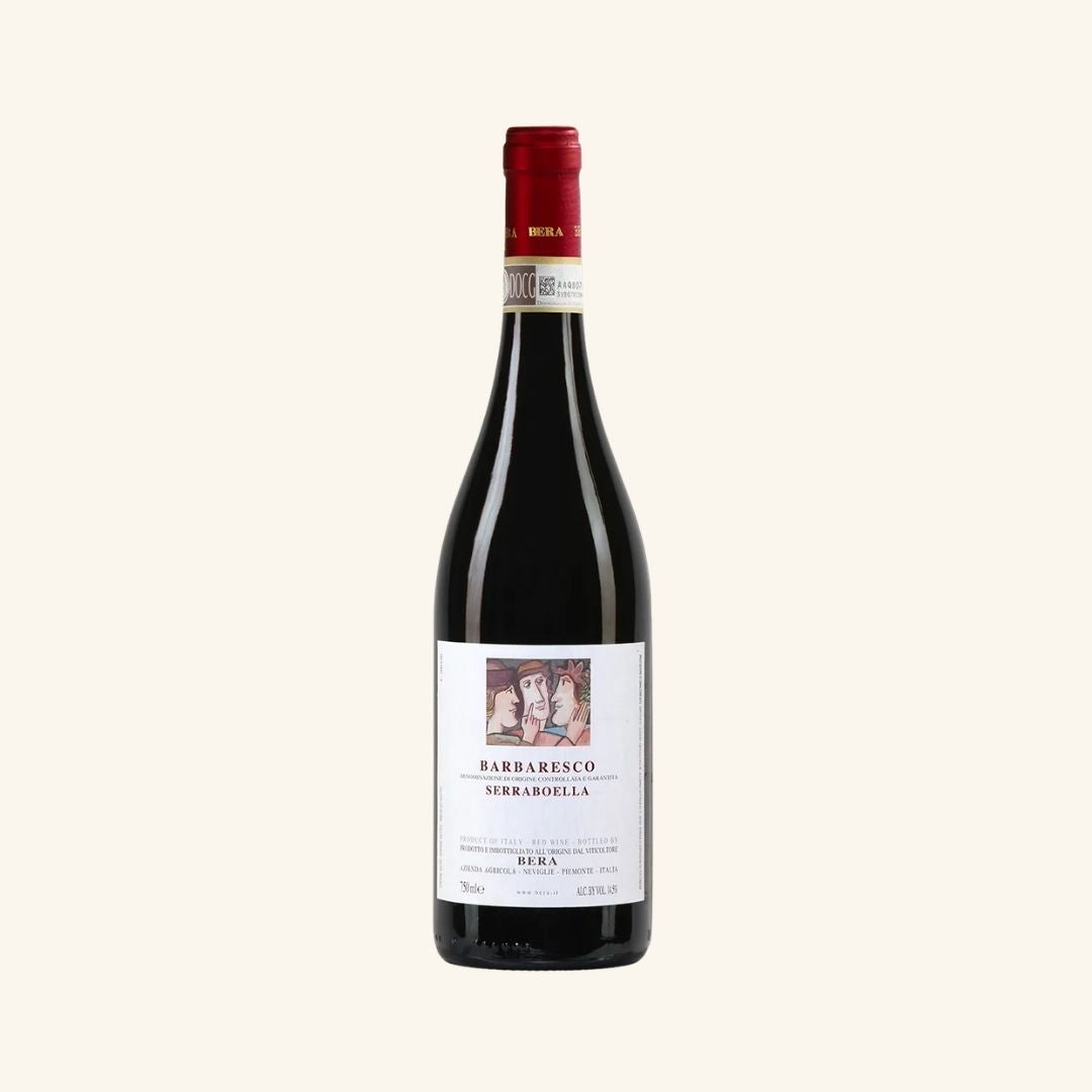 Wine bottle with a labeled Barbaresco serraboella by bera, on a white background