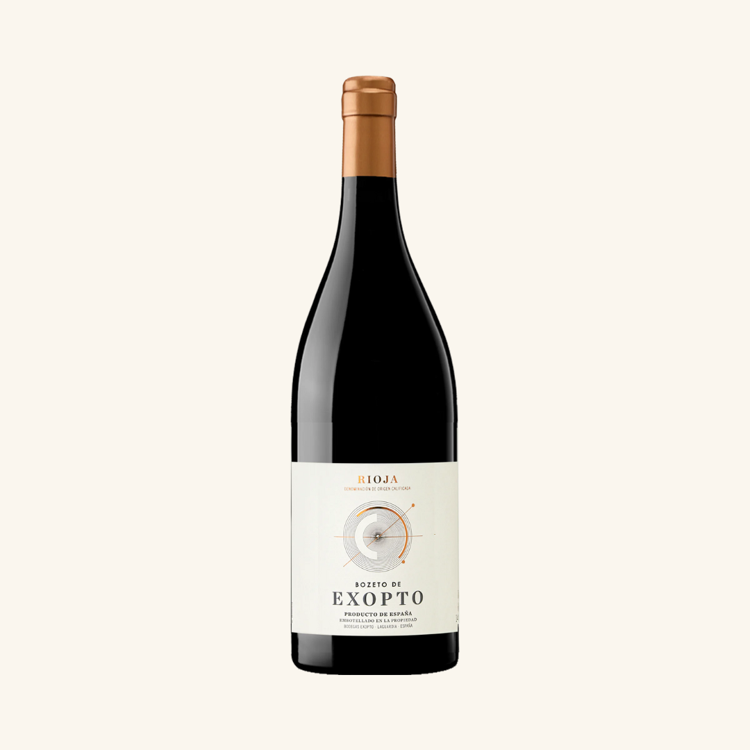 A bottle of Bodegas Exopto Bozeto de Exopto Garnacha Tempranillo Graciano red wine with a plain label and a cork stopper.