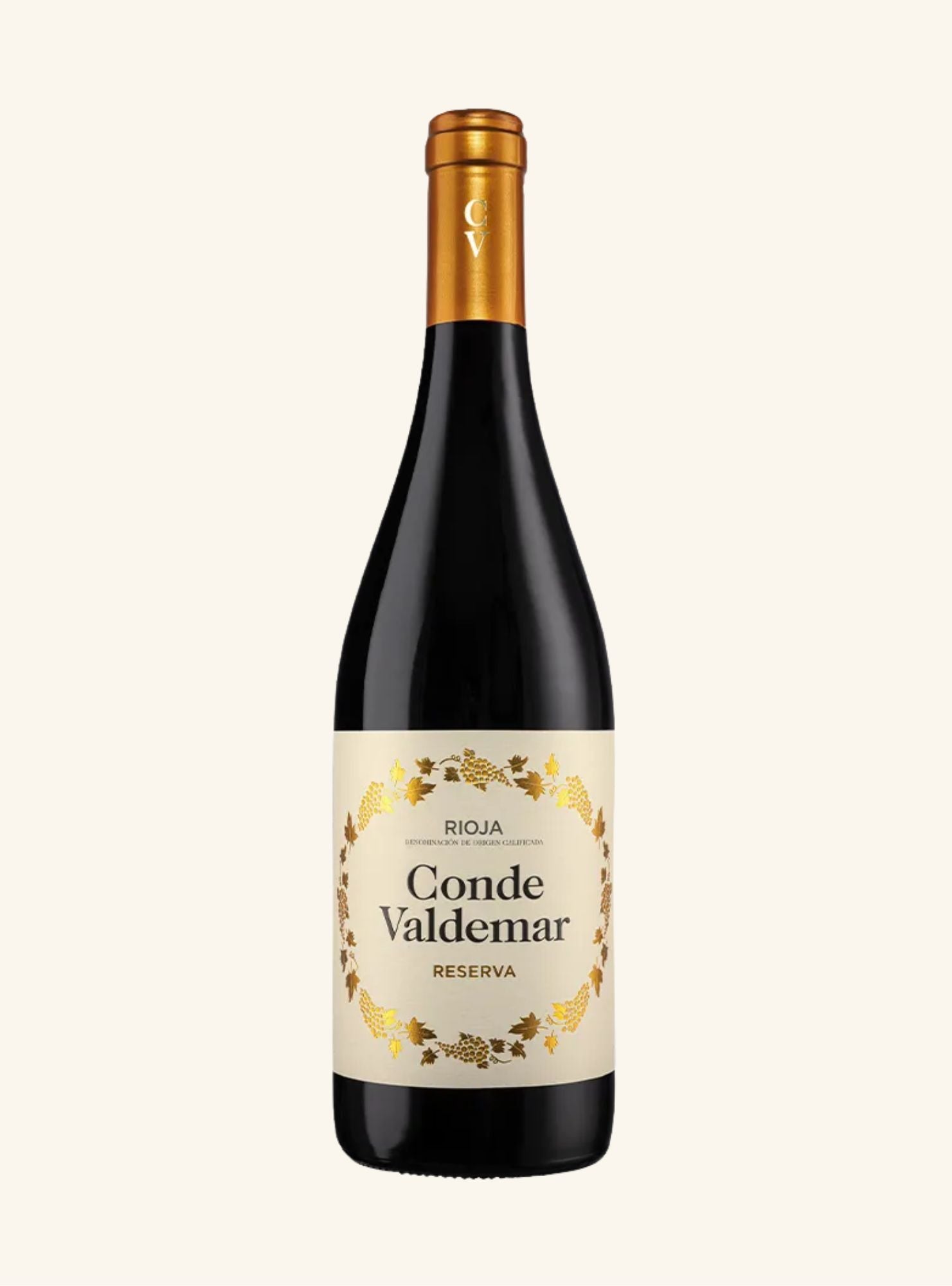A bottle of Conde Valdemar Reserva Rioja red wine, featuring a dark glass bottle with a gold foil capsule and a cream-colored label with gold leaf details, set against a solid off-white background.