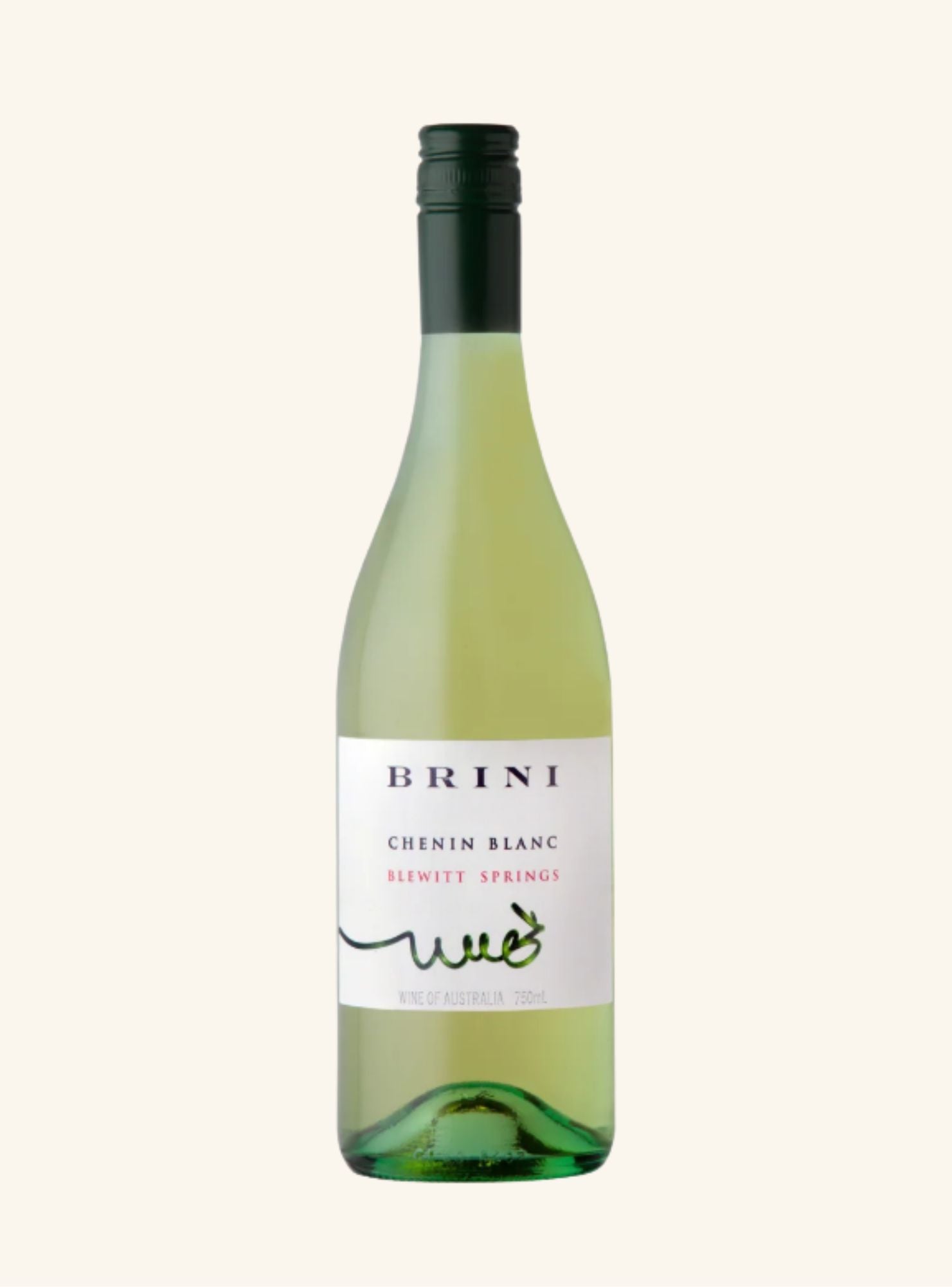 A bottle of Brini Chenin Blanc Blwitt Springs white wine, featuring a pale green glass bottle, a white label with black and green text, and a dark green screw cap, set against a solid off-white background.