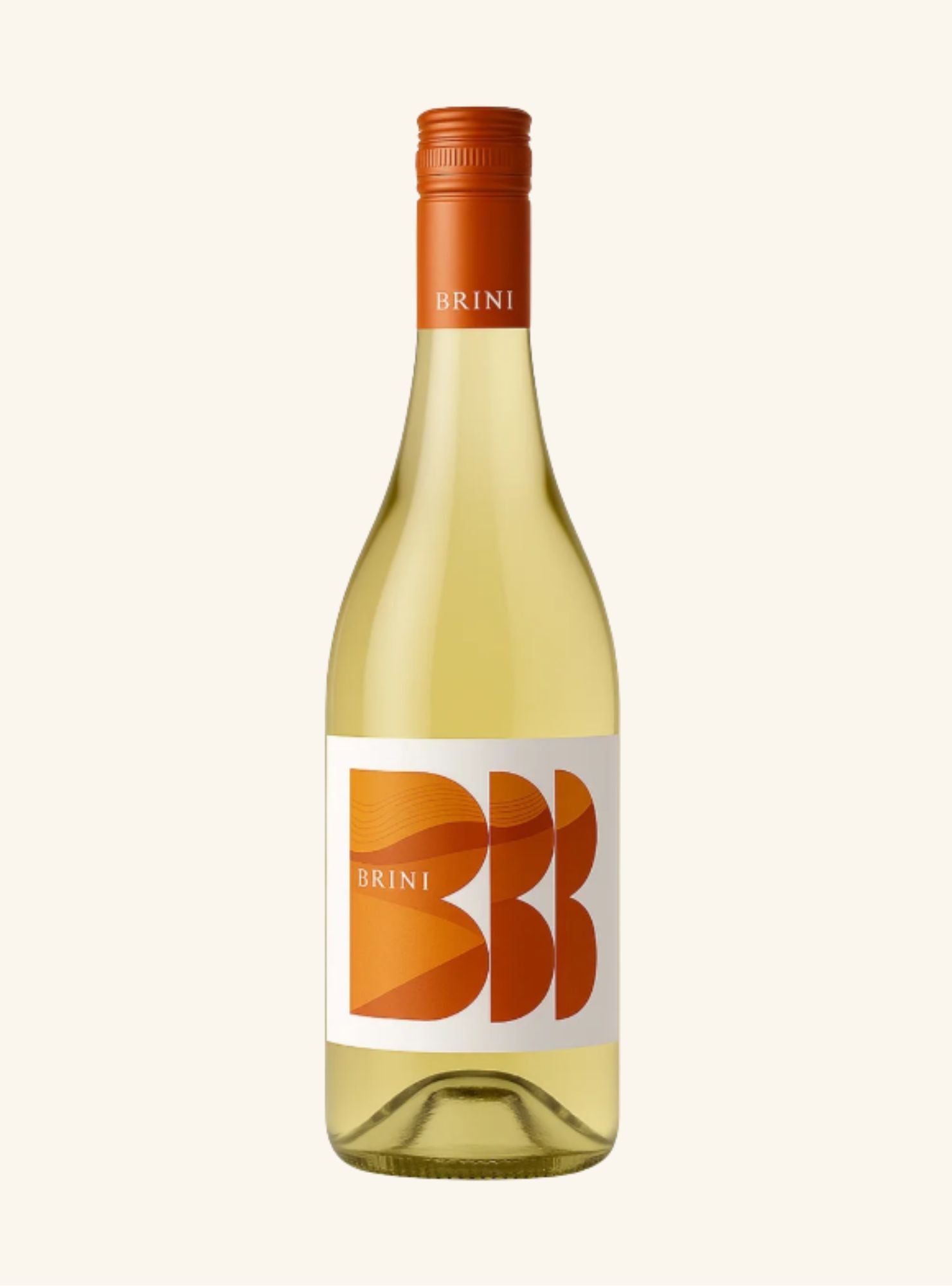A bottle of Brini white wine with a white label featuring a large orange and brown abstract 'BB' logo, topped with an orange screw cap, set against a solid off-white background.