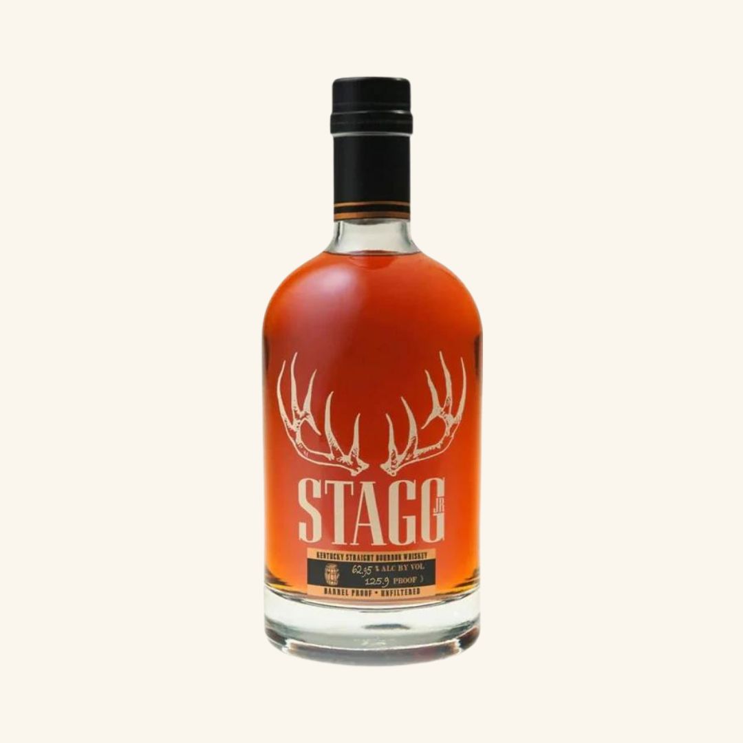 A bottle of Buffalo Trace Stagg Kentucky Straight Bourbon Whiskey with a prominent antler design on the label.