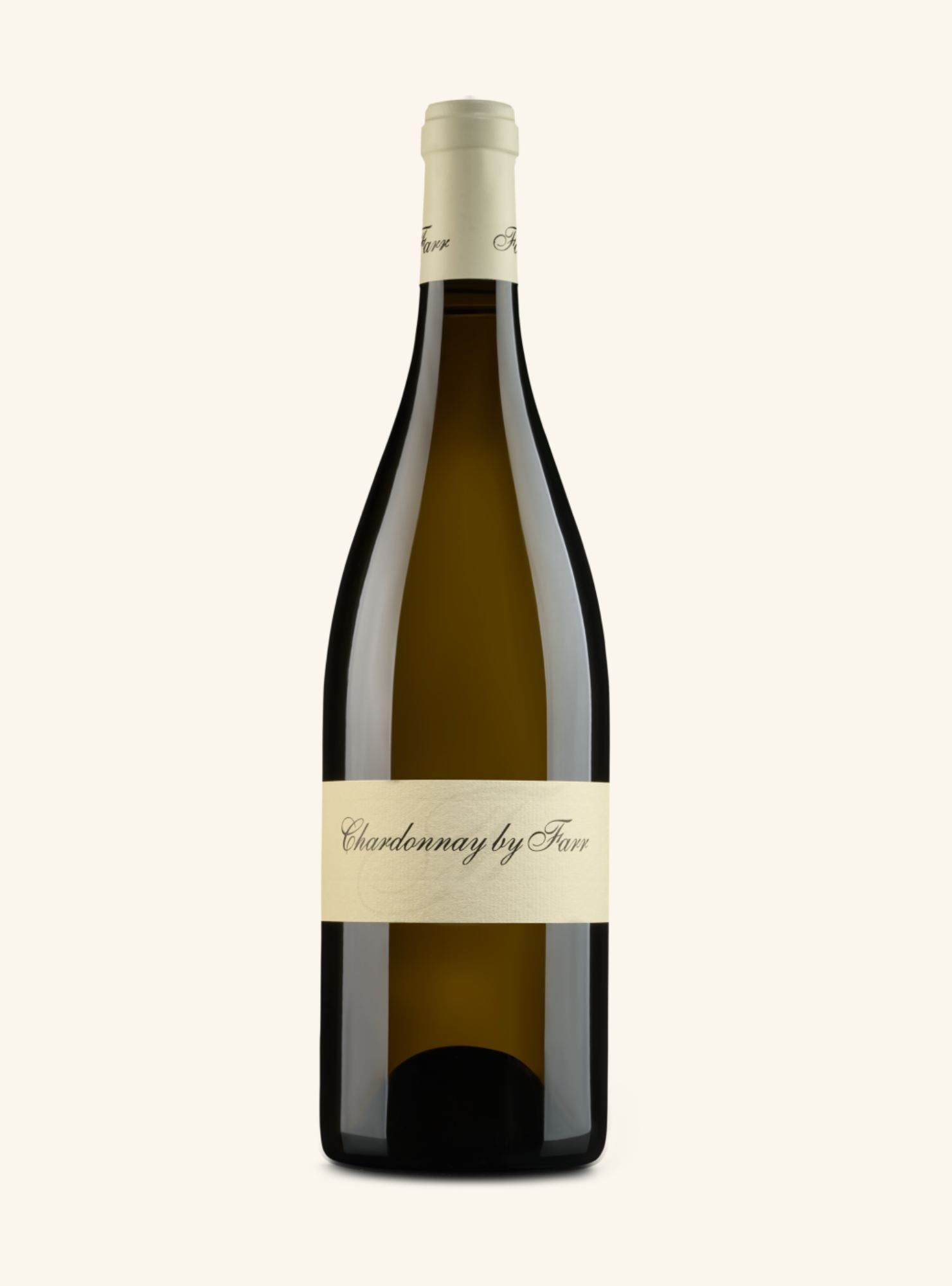 Wine bottle with a label branded chardonnay by farr on a white background