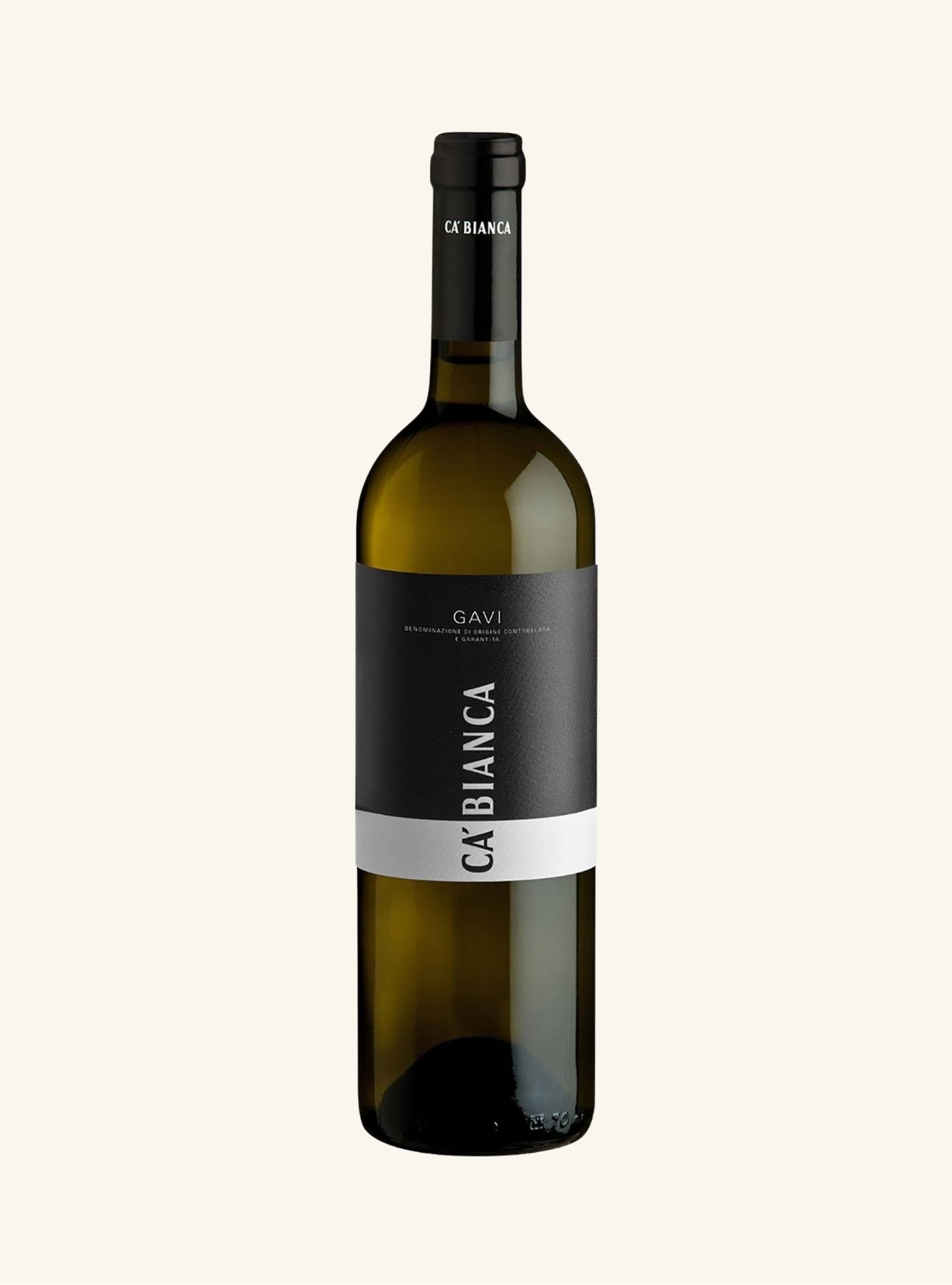 Wine bottle with 'Ca Bianca gavi' label on a white background
