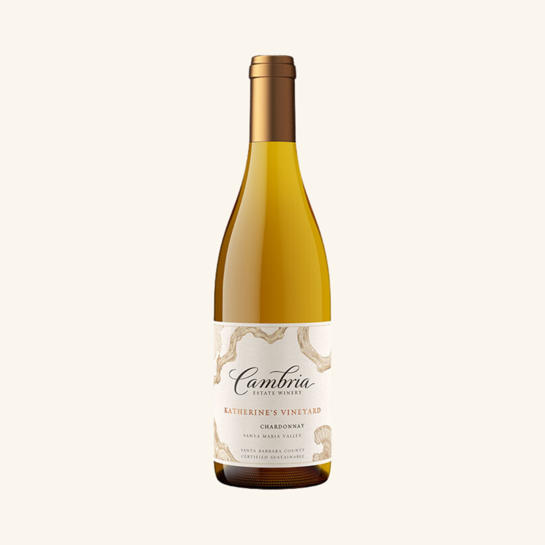 A bottle of Cambria Katherine's Vineyard Chardonnay wine with a label that includes the wine variety and vineyard information.