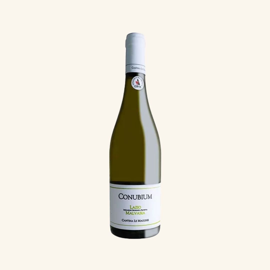 Wine bottle labeled 'Conubium lazio malvasia' on a white background