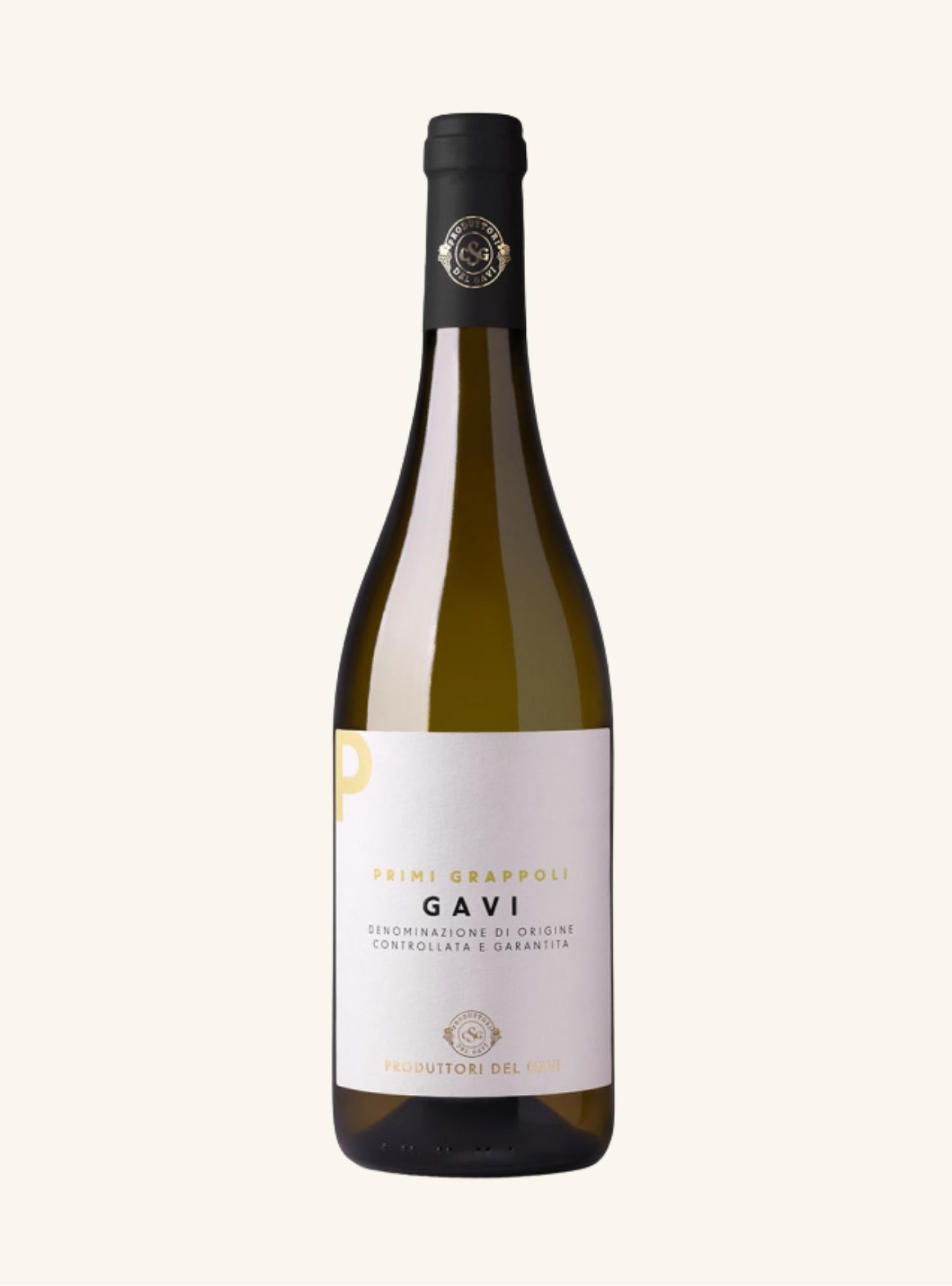 bottle of white wine labelled primi grappoli gavi on a white background.