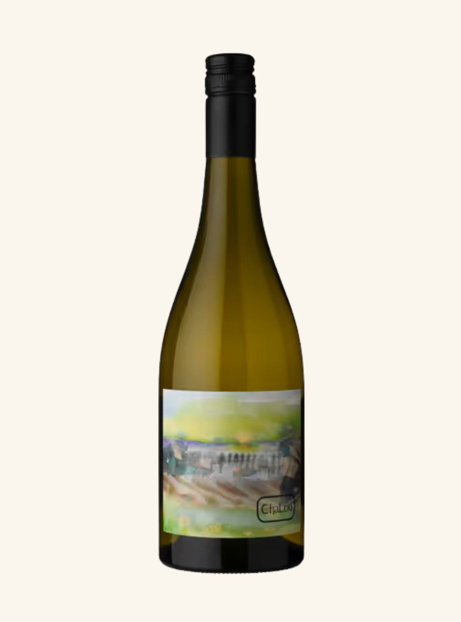 A green coloured wine bottle with a colourful label and a black screw cap lid, set on an off-white background.  