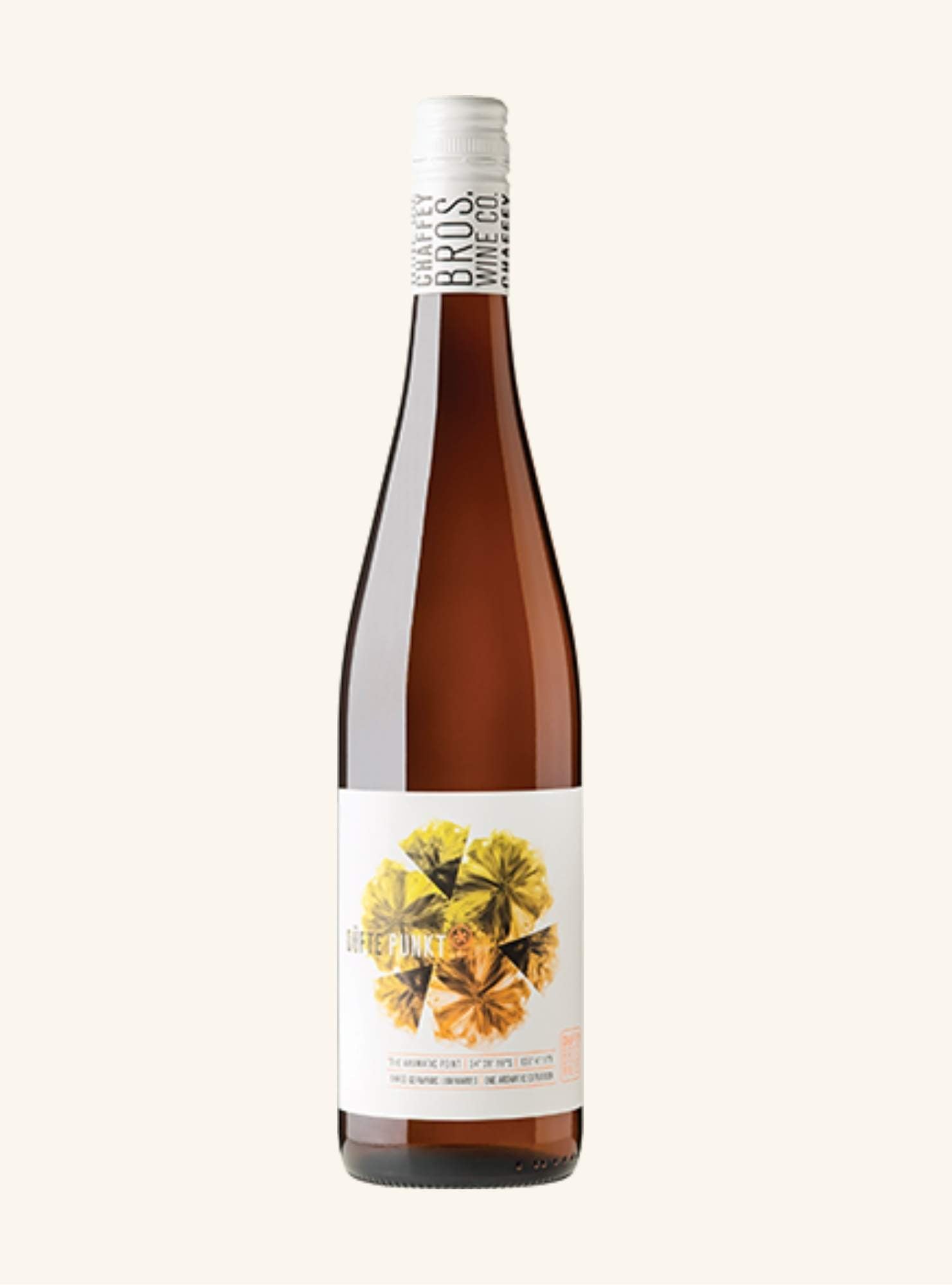 Wine bottle with a label featuring yellow flowers and branded chaffey bros dufte punkt white, on a white background