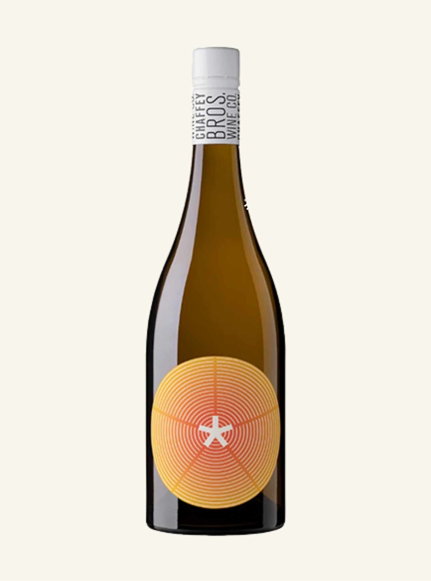 Wine bottle with a unique yellow label on a white background