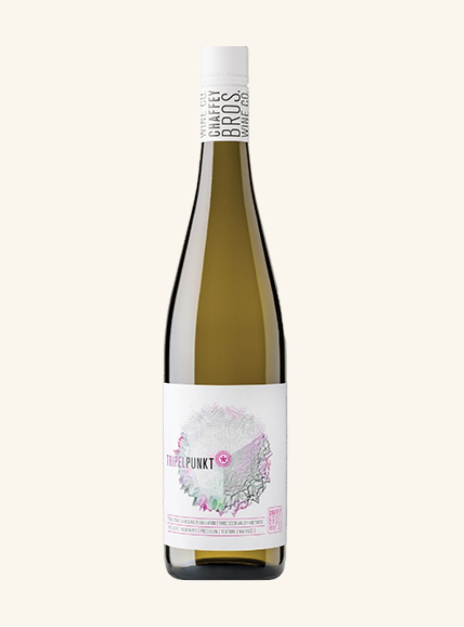 Wine bottle labeled chaffey bros tripelpunkt riesling on a white background