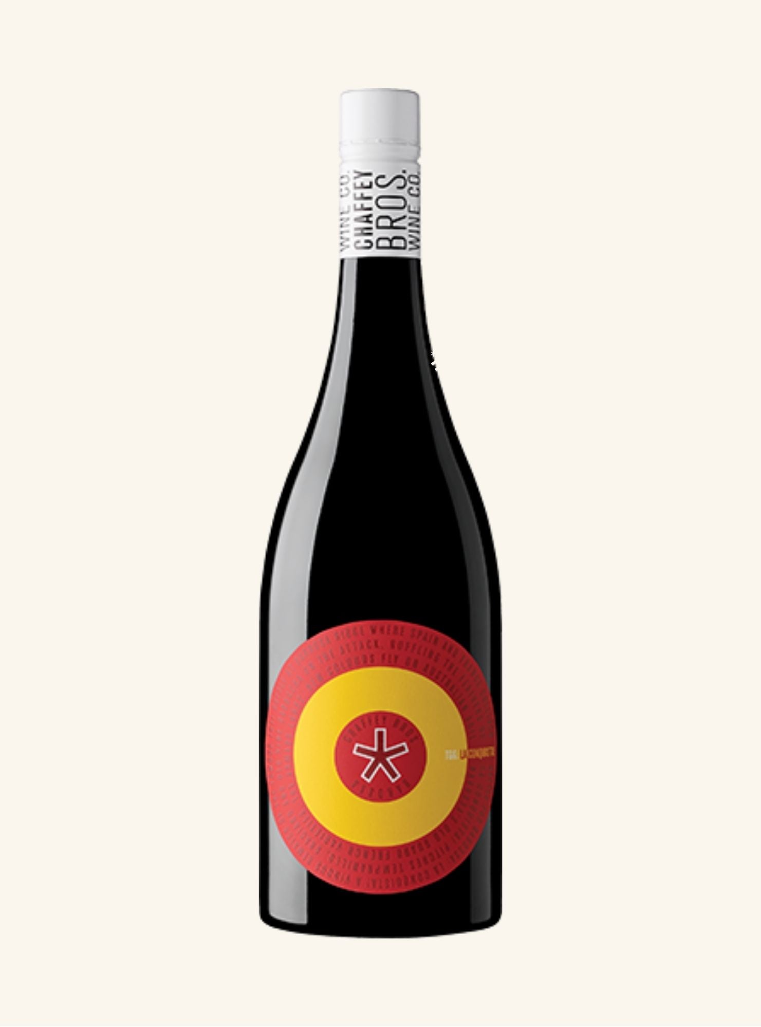 Wine bottle with a red and yellow label on a white background