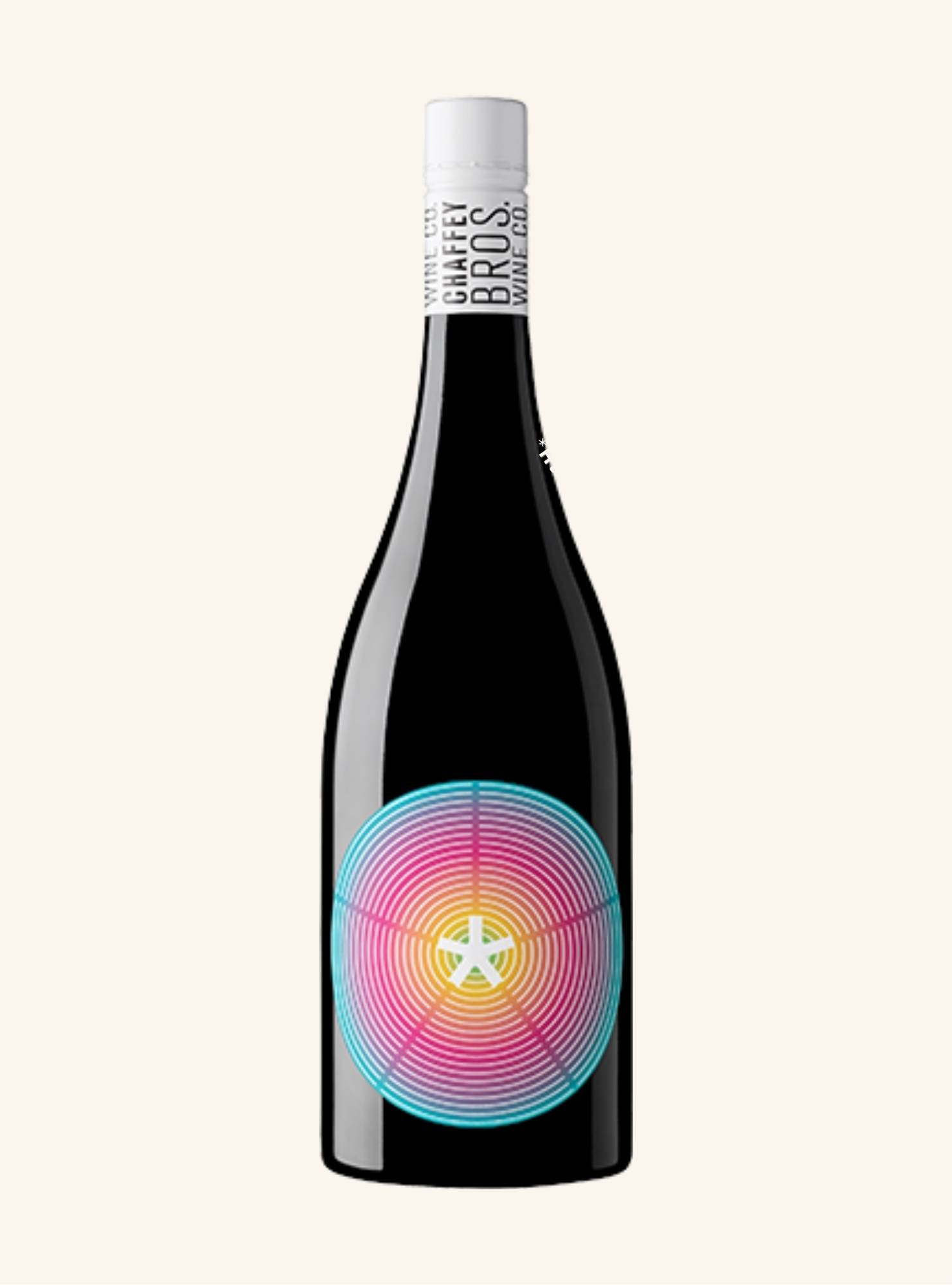 Wine bottle with a colorful label on a white background
