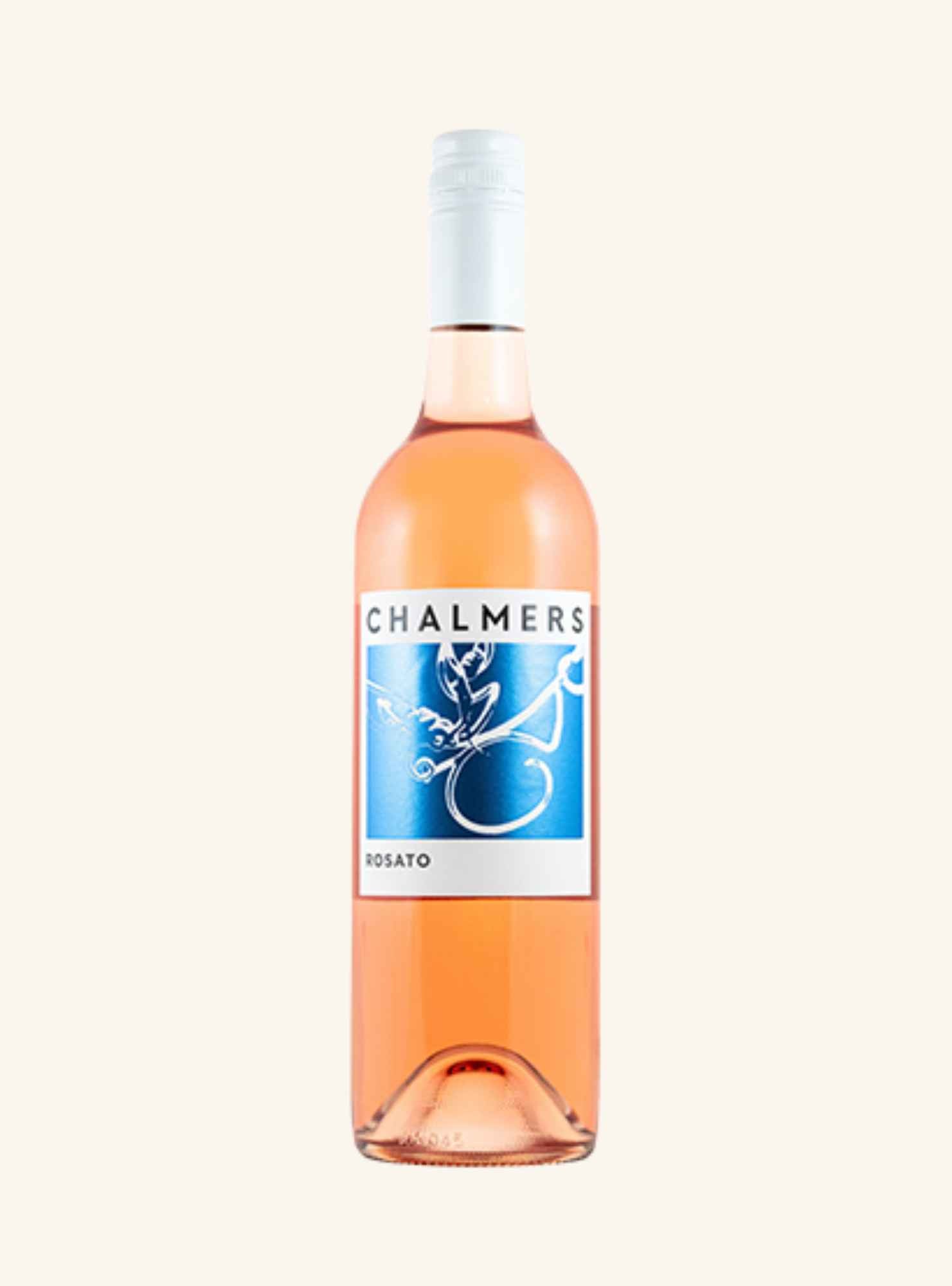 A bottle of Chalmers Rosato white wine with a blue and white label, showing the pinkish-rose liquid inside, set against a solid off-white background.