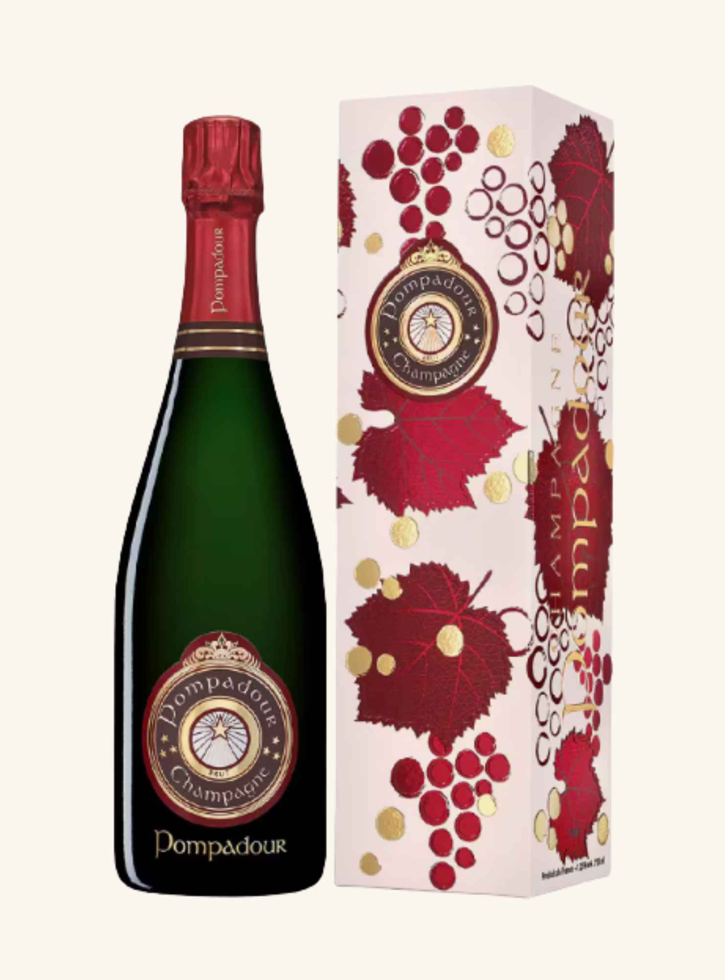 A dark green colored wine bottle with a red foil cap and a red and brown logo and gold writing, next to a box with red leaves and gold dots. 