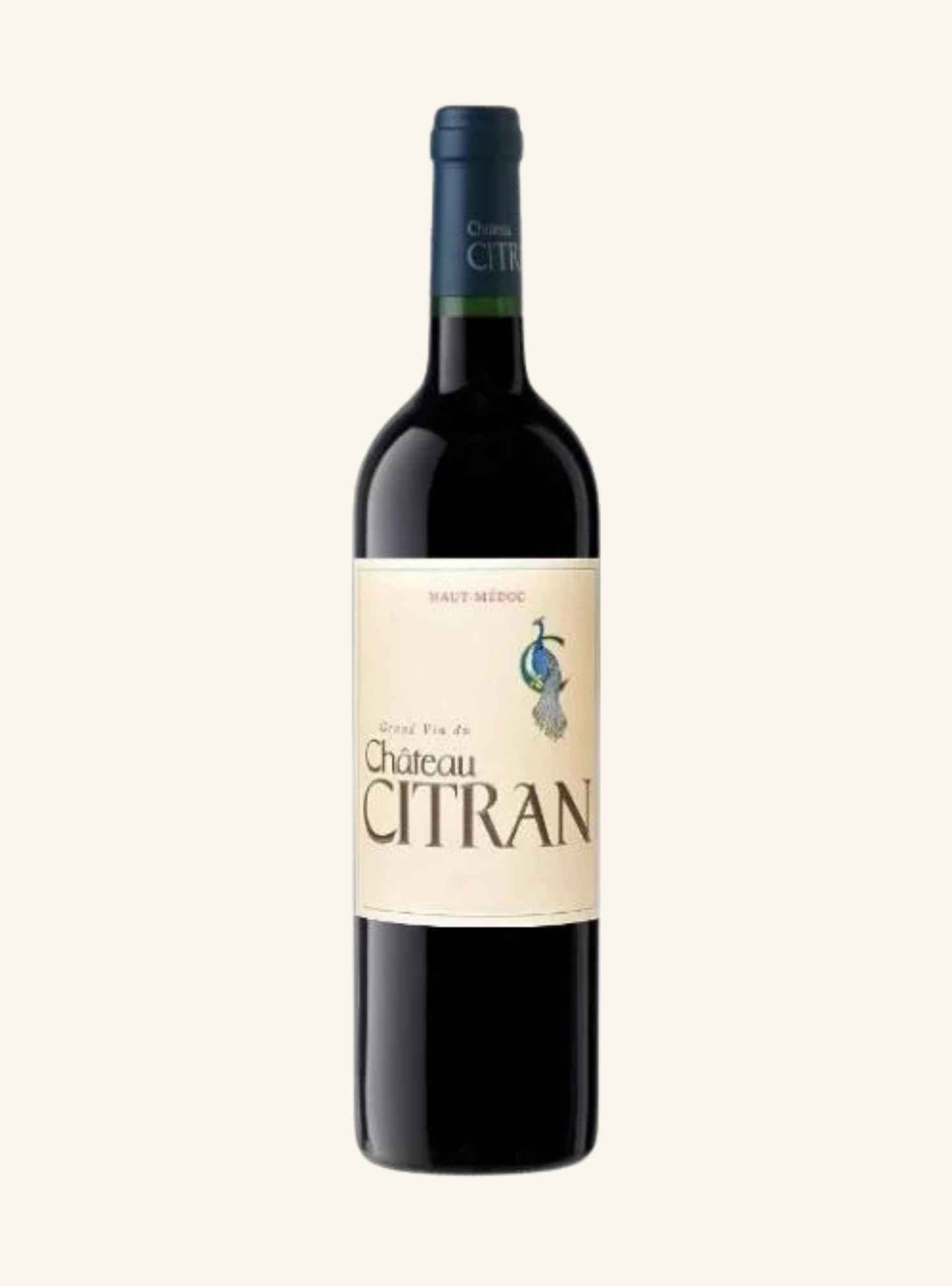 A bottle of Château Citran red wine with a cream-colored label and a dark green neck foil, set against a solid off-white background.