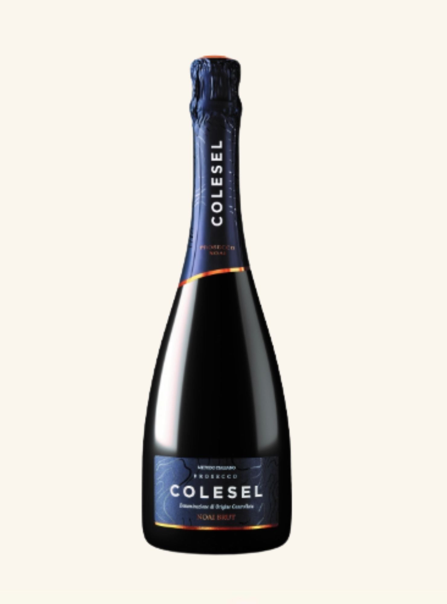 A bottle of Colesel sparkling wine with a dark navy blue foil and label, set against a solid off-white background.