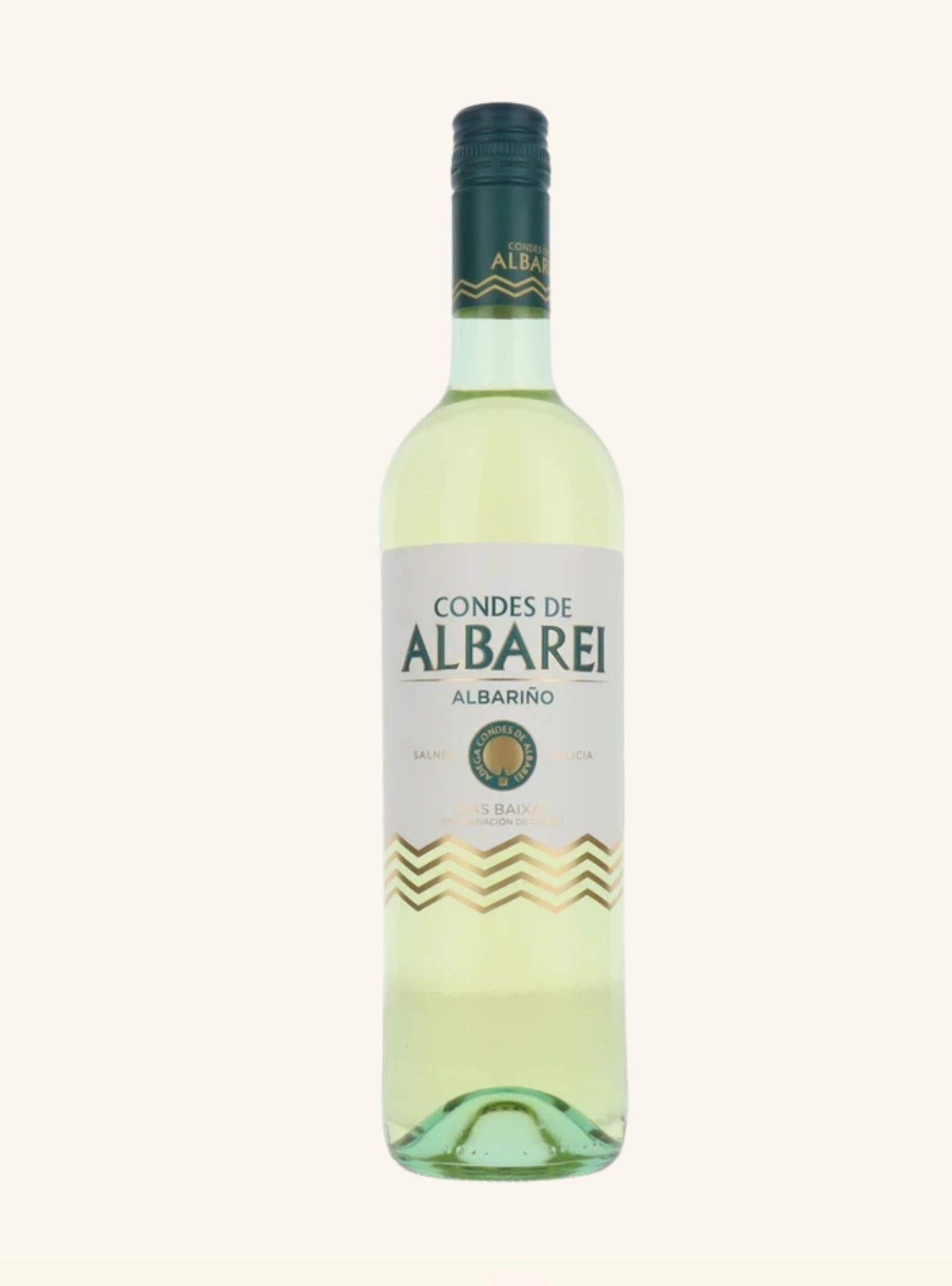 A glass wine bottle with green screw cap, white label with green writing on an off white background 