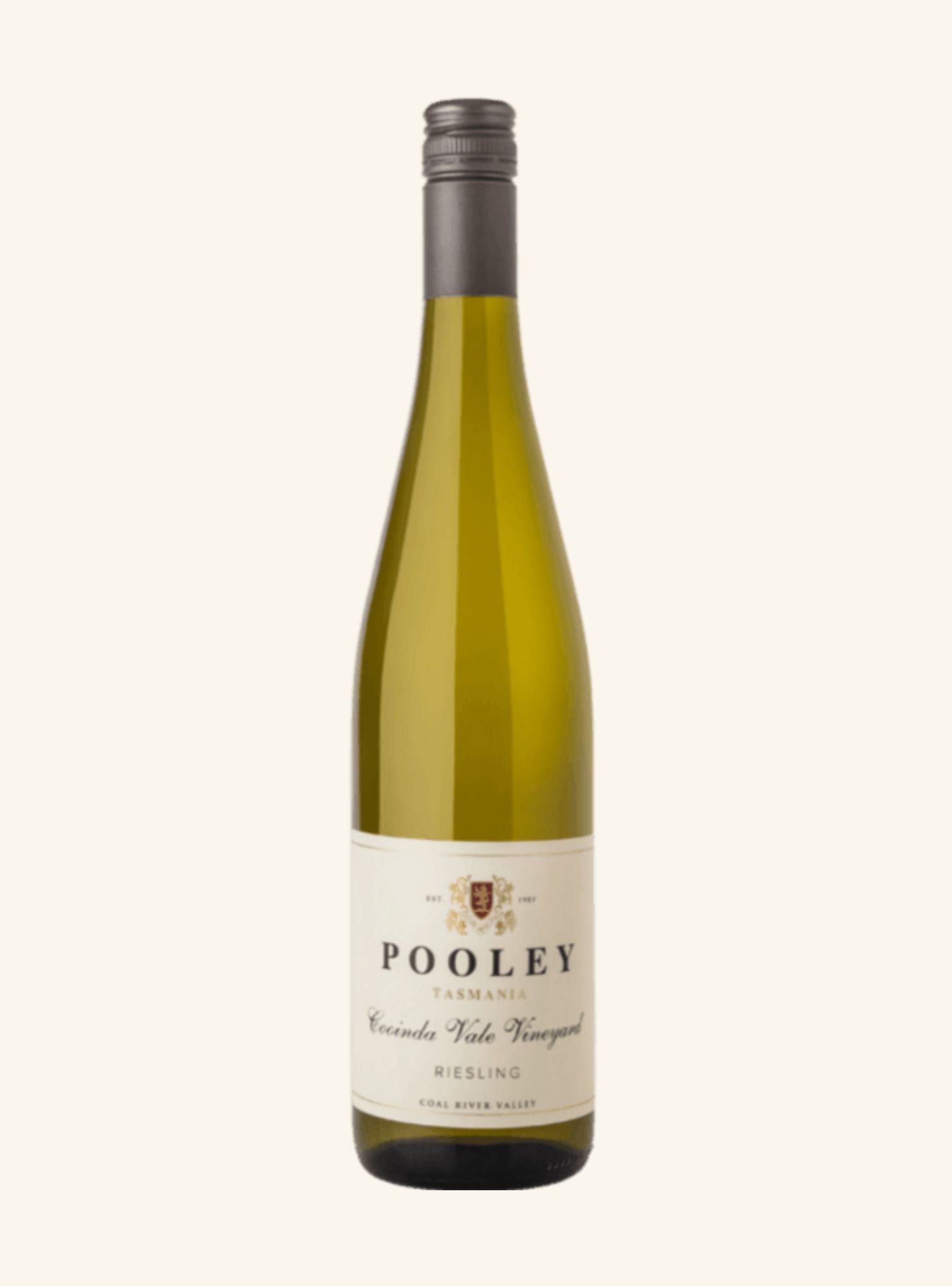 A bottle of Pooley Tasmania Riesling wine with a pale yellow-green glass bottle, a cream-colored label, and a dark gray screw cap, set against a solid off-white background.