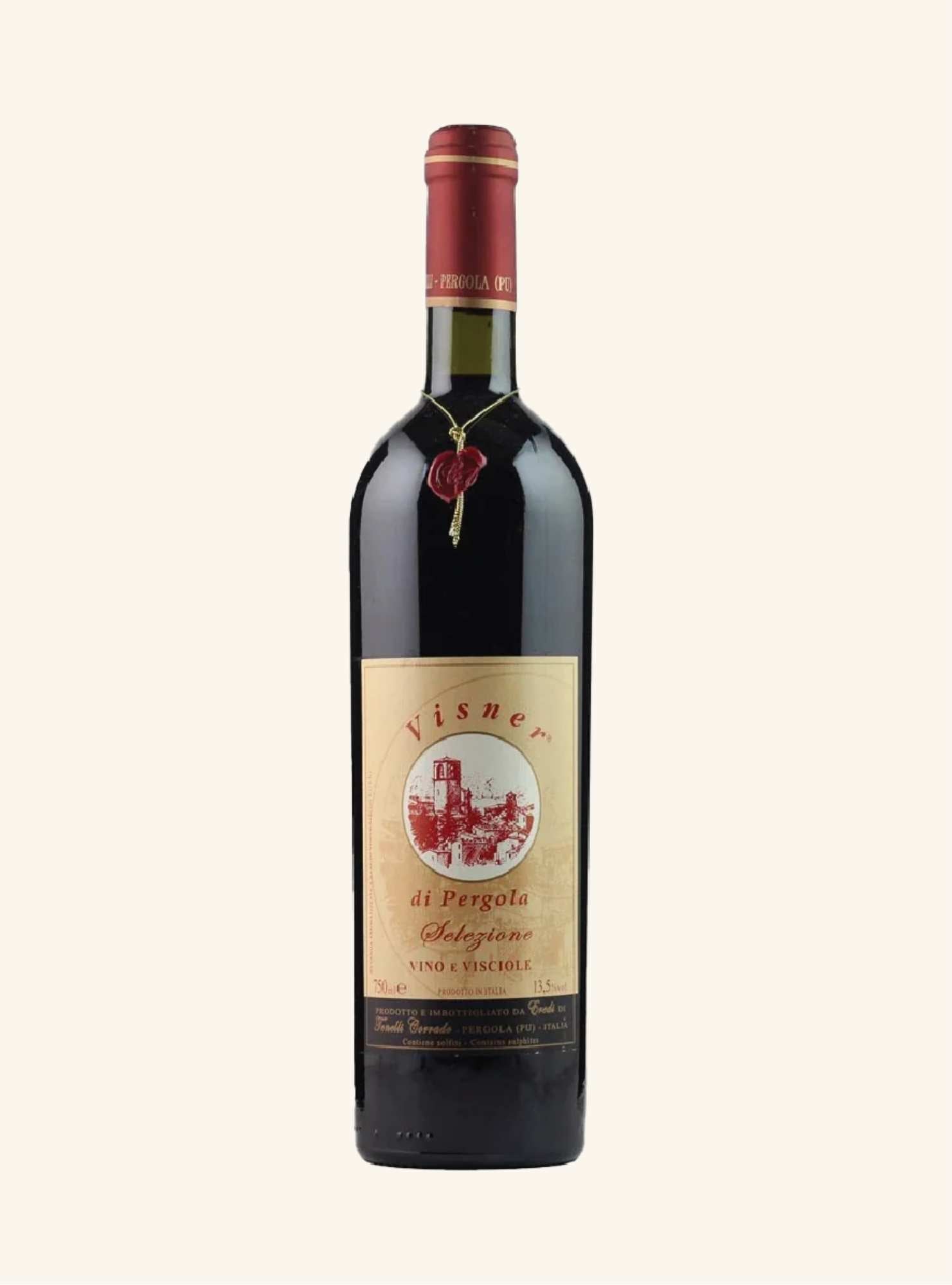 sweet red wine bottle with a visible label branded Visner di pergola on a white background