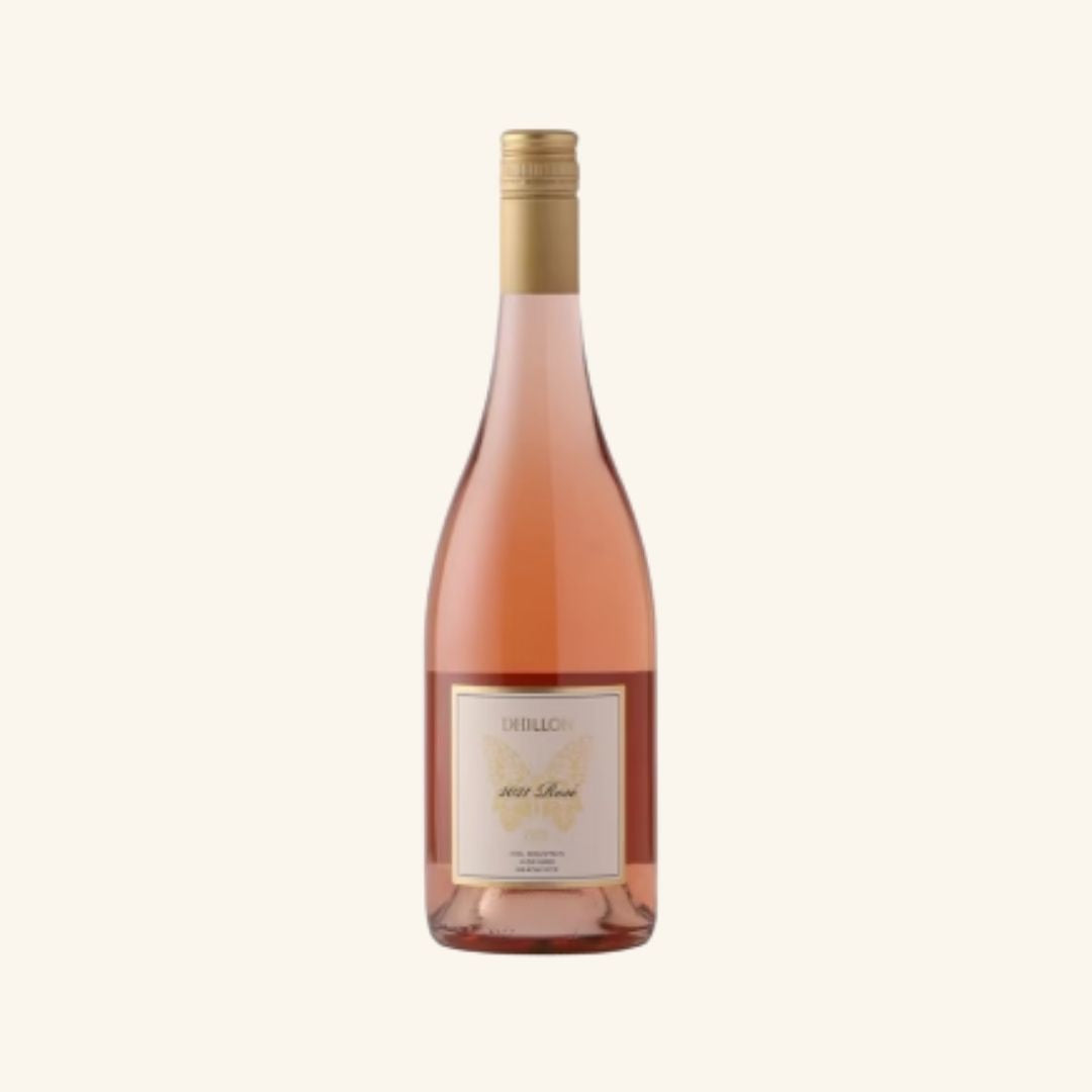 Dhillon wines Rose wine bottle with gold foil cap, white label with a gold butterfly, all on a white background