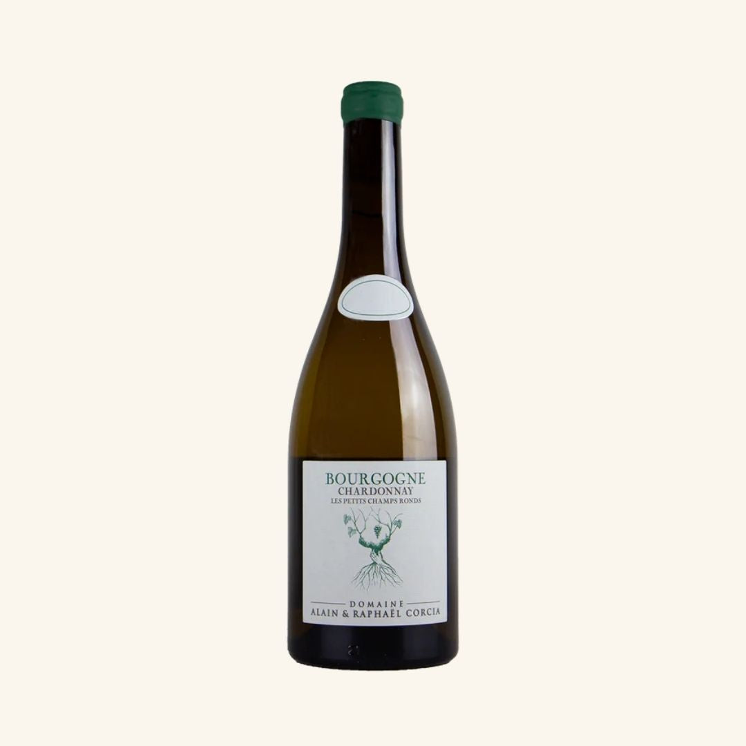 Wine bottle with a label branded bourgogne chardonnay by domaine alain & Raphael Corcia on a white background