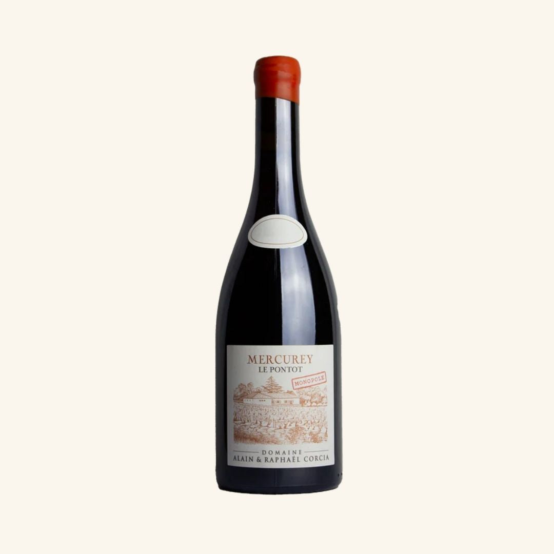 Wine bottle with a visible label branded Mercurey le pontot by domaine alain & Raphael Corcia on a white background
