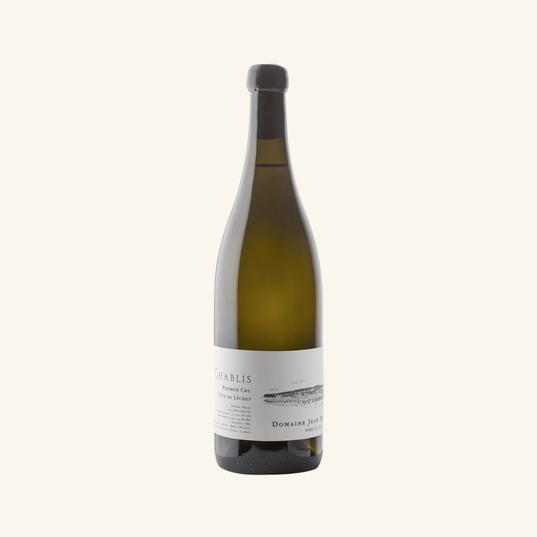 Wine bottle with label branded  chablis premier cru clos de lechet domaine jean dauvissat, on a white background