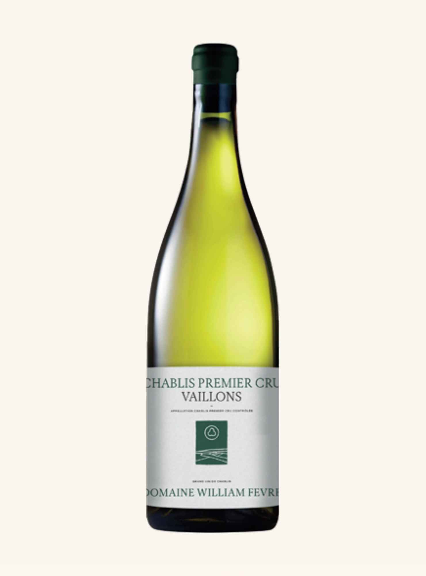 A bottle of Chablis Premier Cru Vaillons white wine by Domaine William Fèvre, featuring a pale green glass bottle, a dark green capsule, and a white label with green text, set against a solid off-white background.