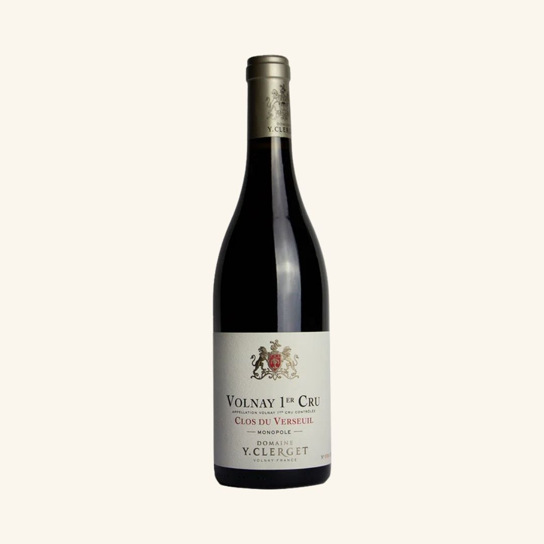Wine bottle with a label branded volnay 1er cru clos du verseuil y clerget,  on a white background
