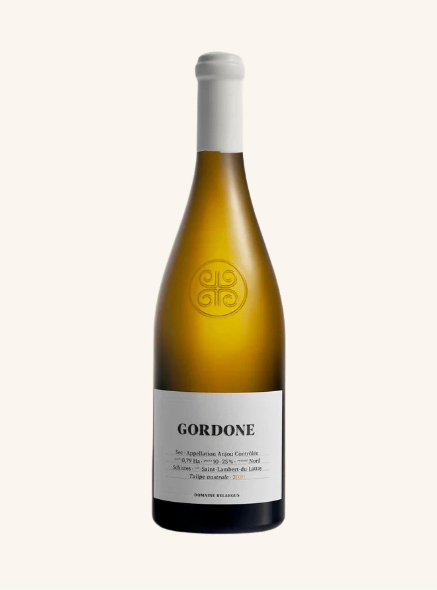 Wine bottle with 'Gordone' Domaine Belargus label on a white background
