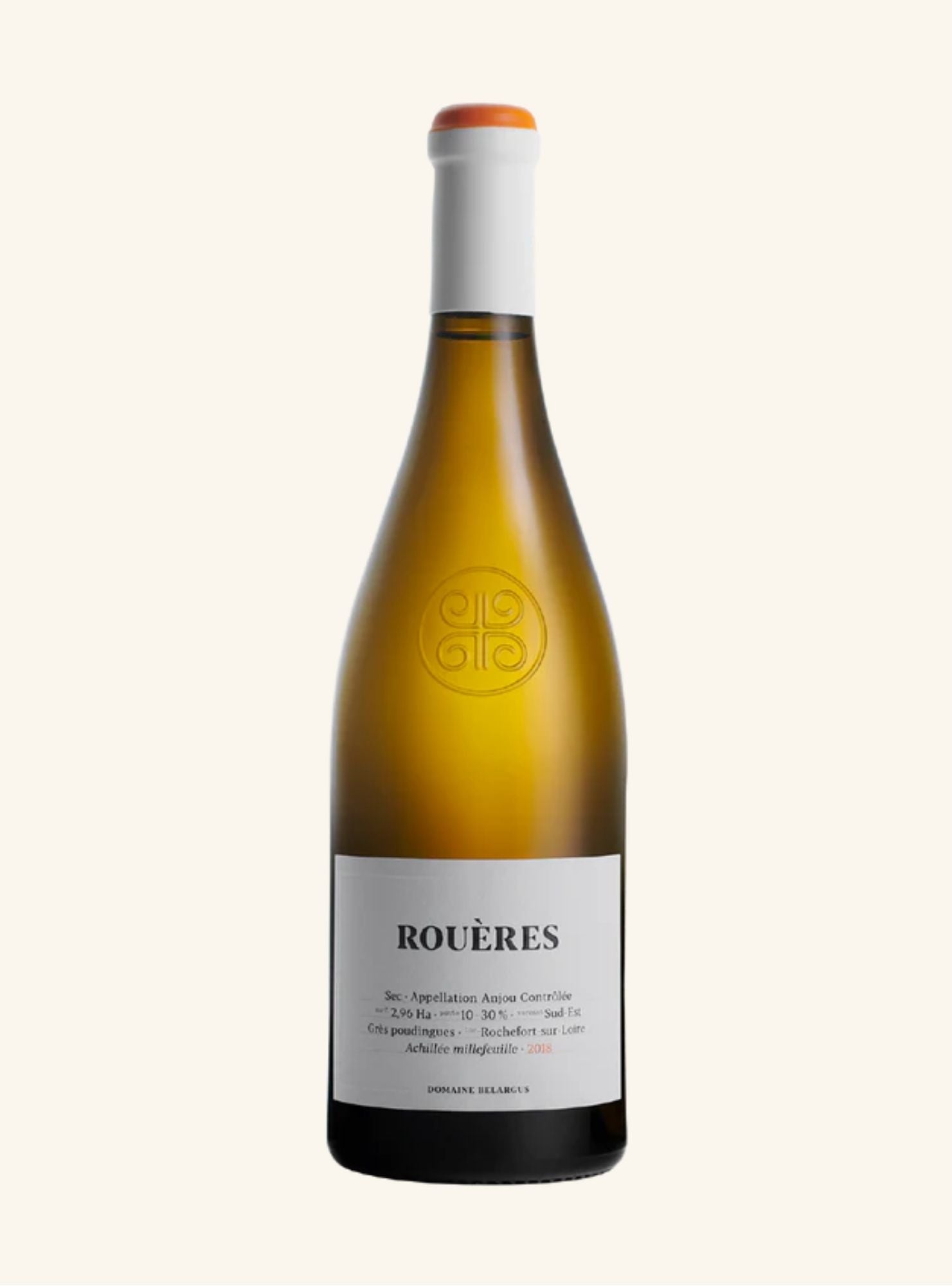 Wine bottle with 'Roueres' Domaine Belargus label on a white background