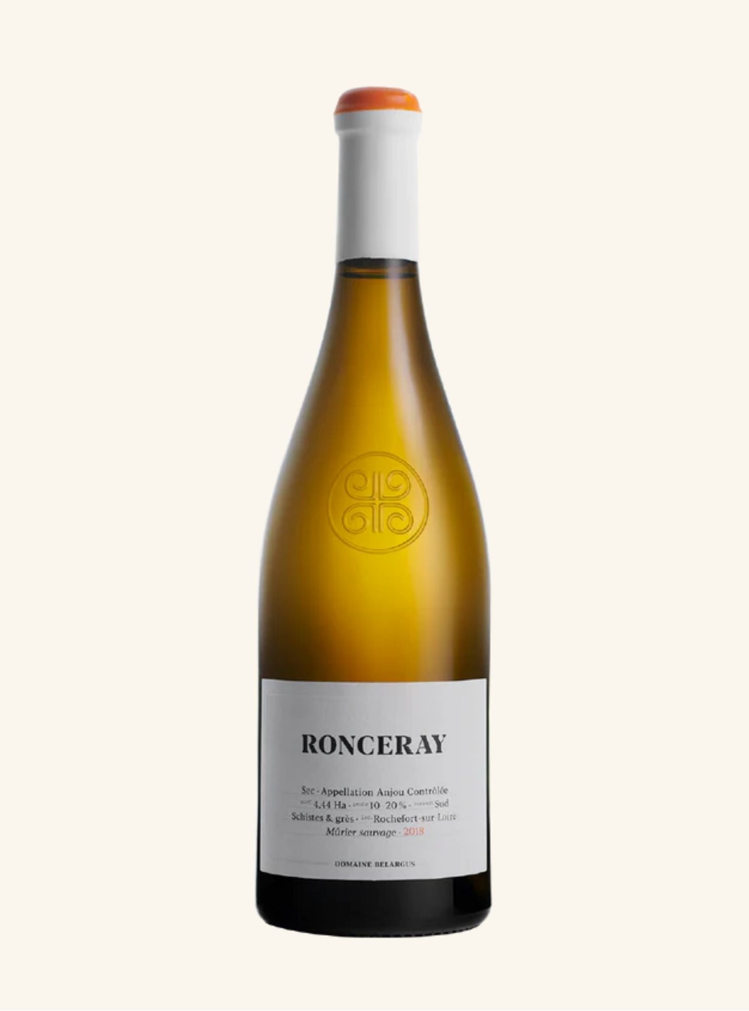 Wine bottle labeled 'Ronceray' Domaine Belargus on a white background