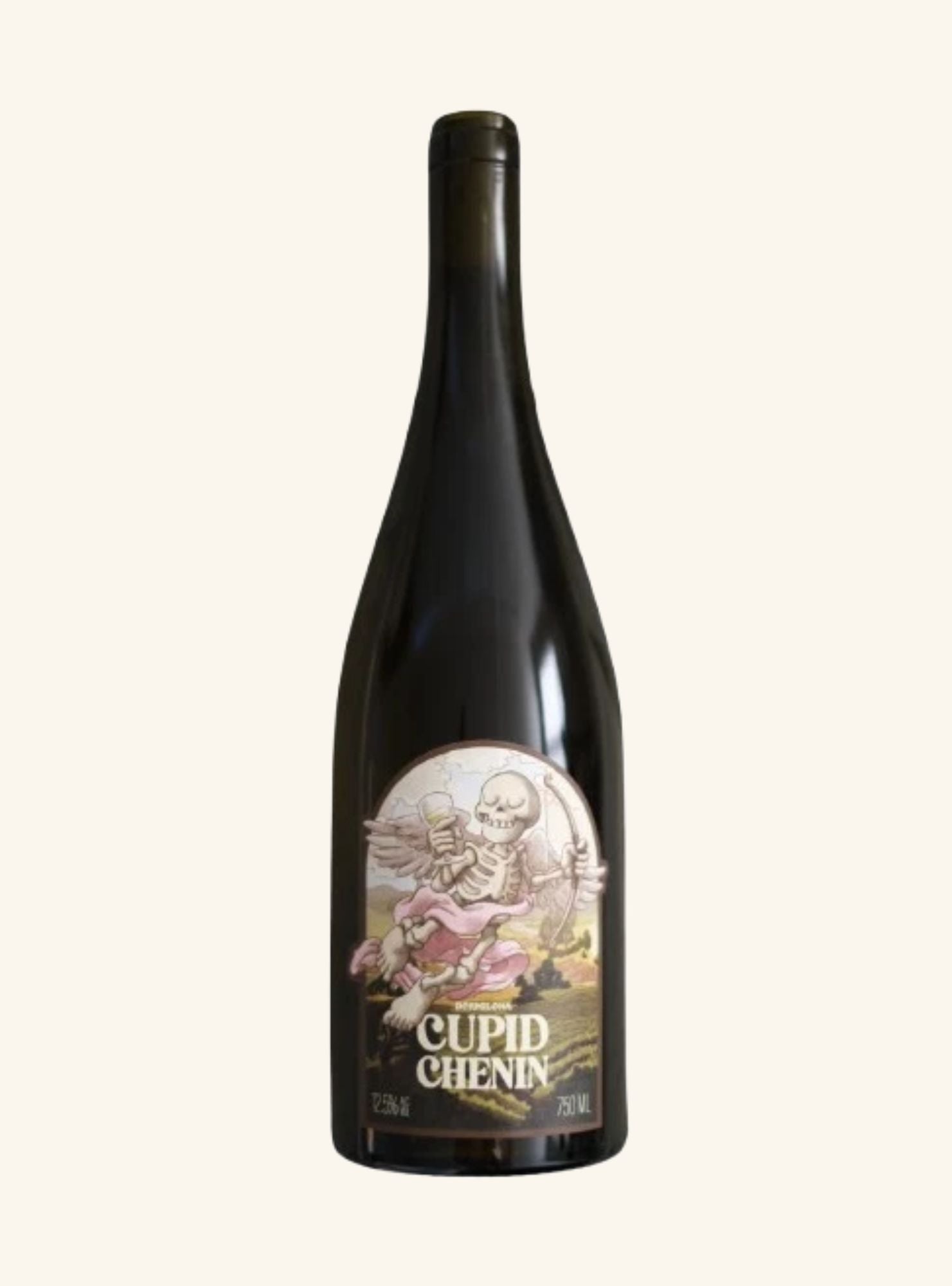 A dark glass bottle of Cupid Chenin wine with a vintage-style label featuring a skeleton cupid and pink cherub details, set against a solid off-white background.