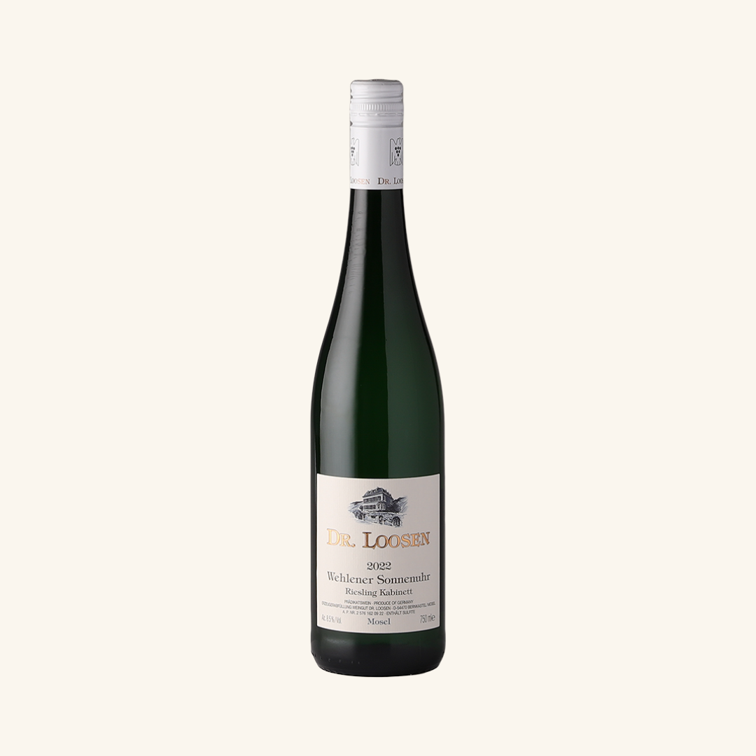 A bottle of Dr. Loosen Wehlener Sonnenuhr Kabinett Riesling wine with a label and cap, set against a plain background.