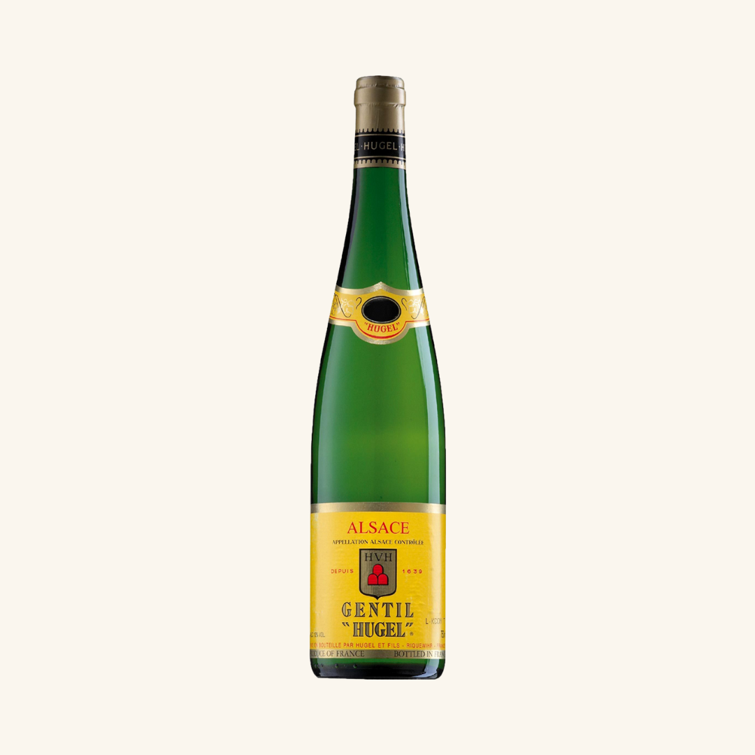 Bottle of Famille Hugel Gentil Hugel white wine with a yellow label and the word 'Alsace'.