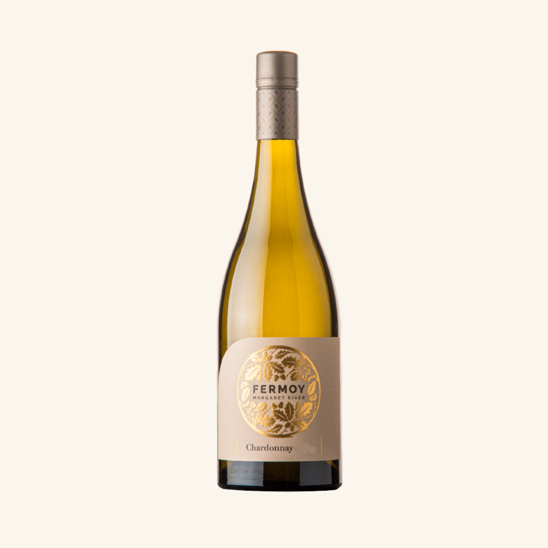 A bottle of Fermoy Estate Chardonnay wine with a beige label, showcasing the brand and variety.