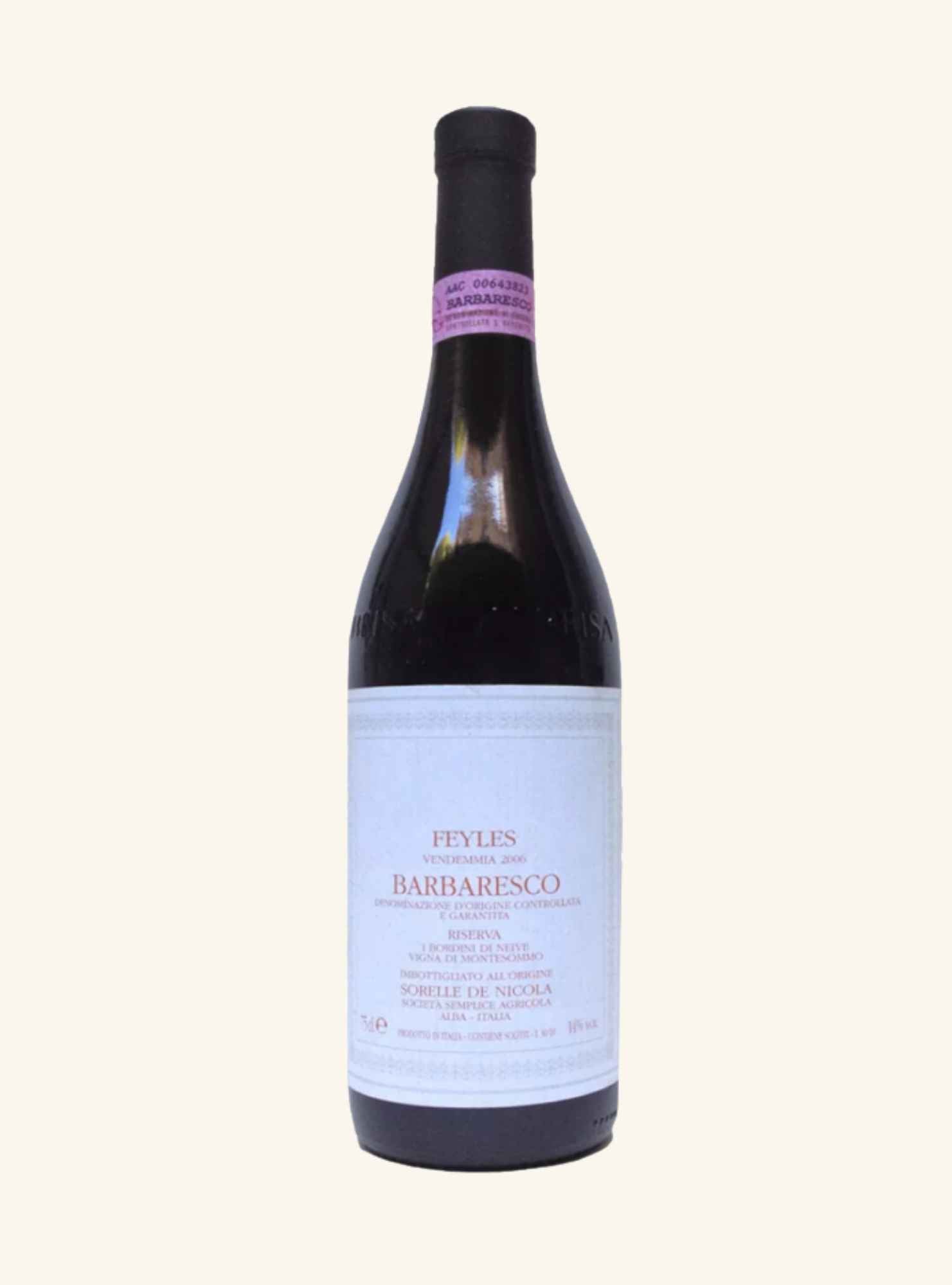 A bottle of Feyles Barbaresco wine by sorelle de nicola with a white label and a black capsule, set against a solid off-white background.