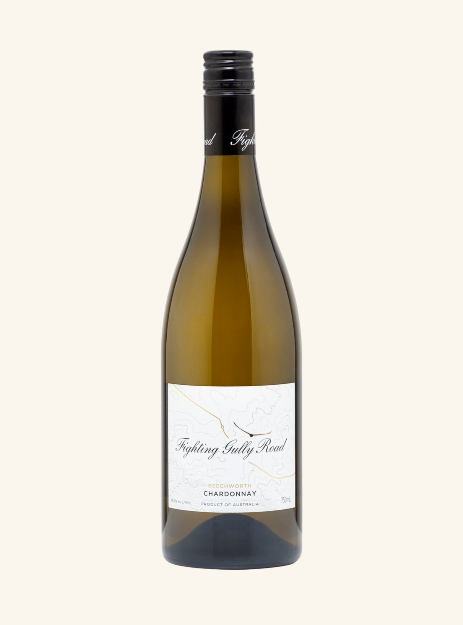 bottle of white wine labeled fighting gully road chardonnay from beechworth, on a white background