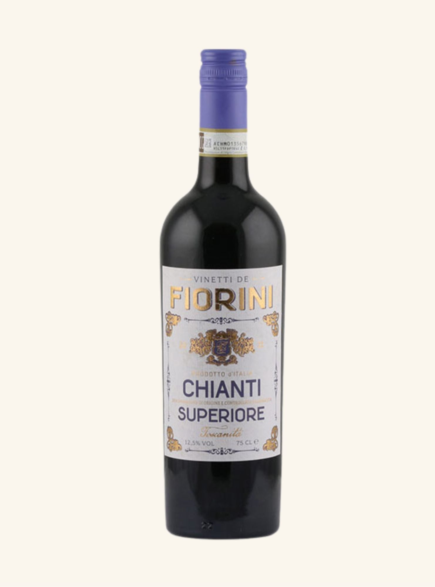 A dark coloured wine bottle with a purple screw cap, a white label and gold and purple writing, on an off-white background.